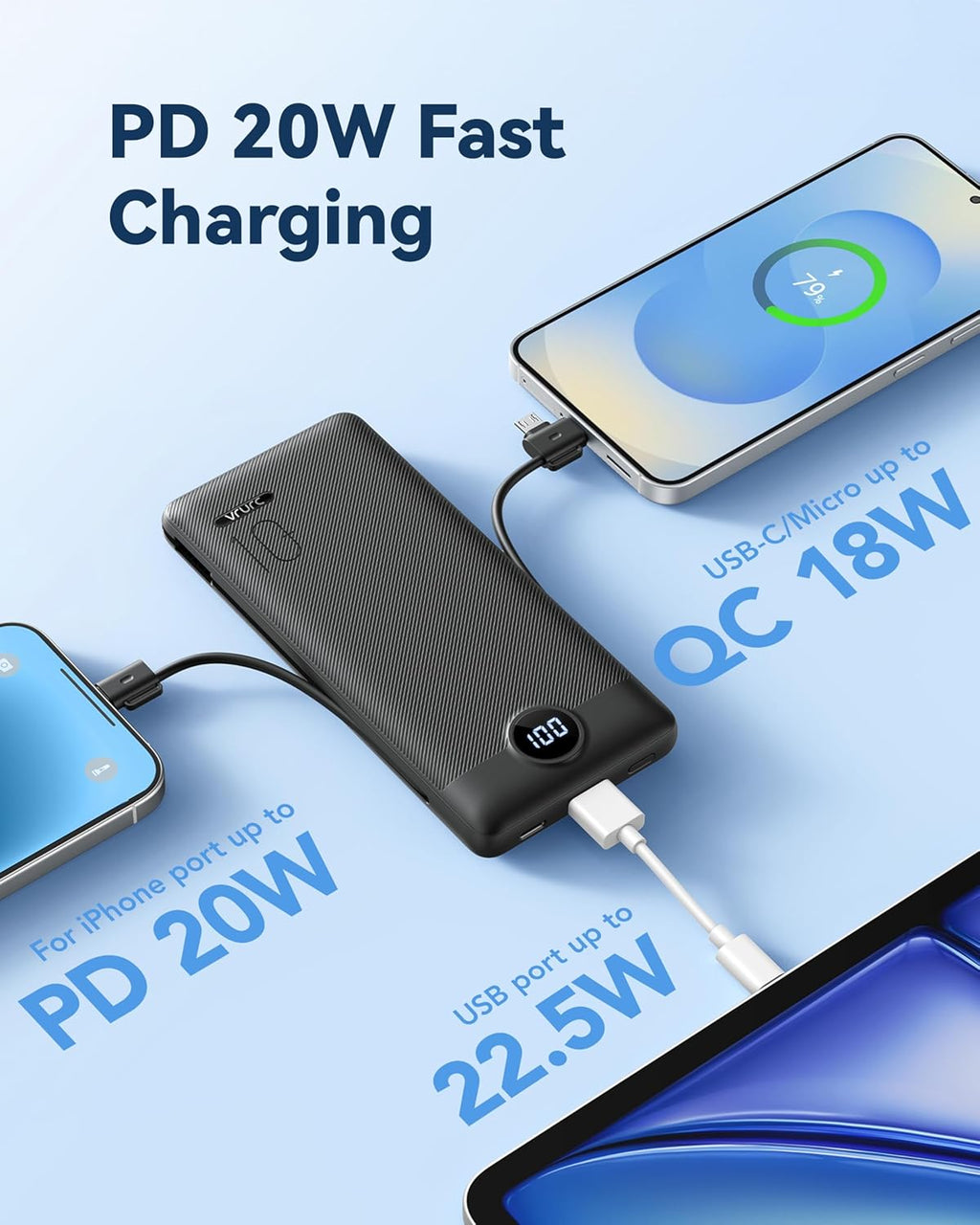 VRURC Cargador Portátil con Enchufe de Pared, 10000mAh Cargador Por...