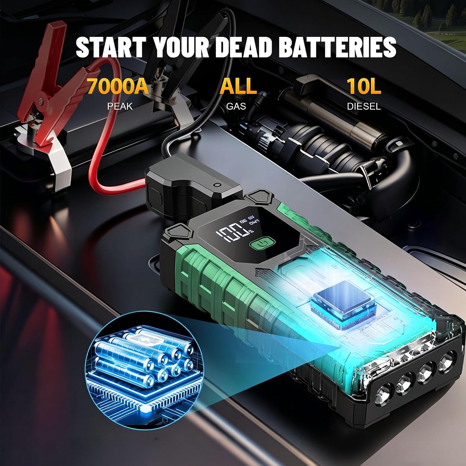 Pownym Arrancador portátil de 6000 A, batería de coche de 12 V con...