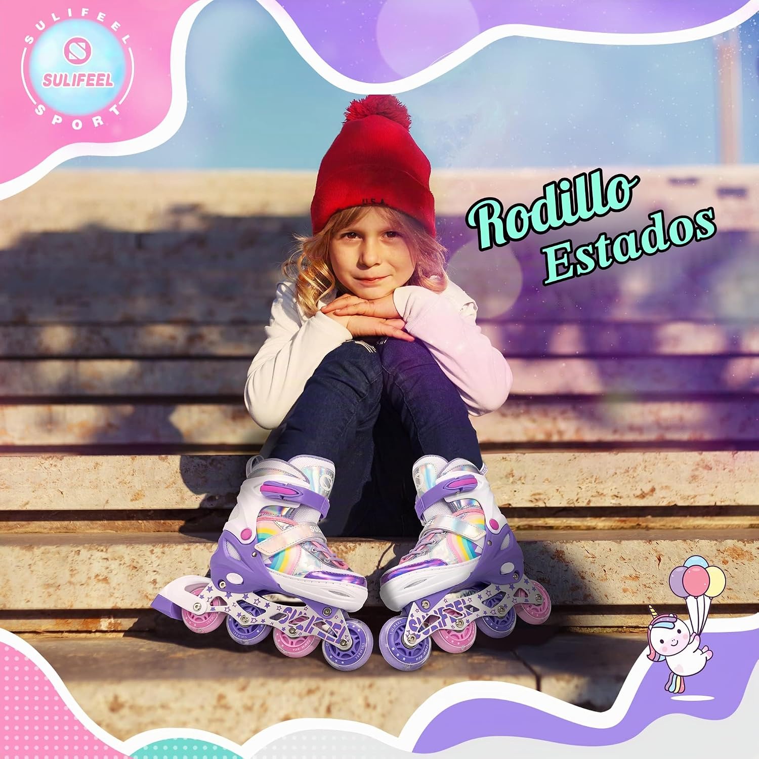 SULIFEEL Patines en línea de unicornio arcoíris para niñas y niños,...