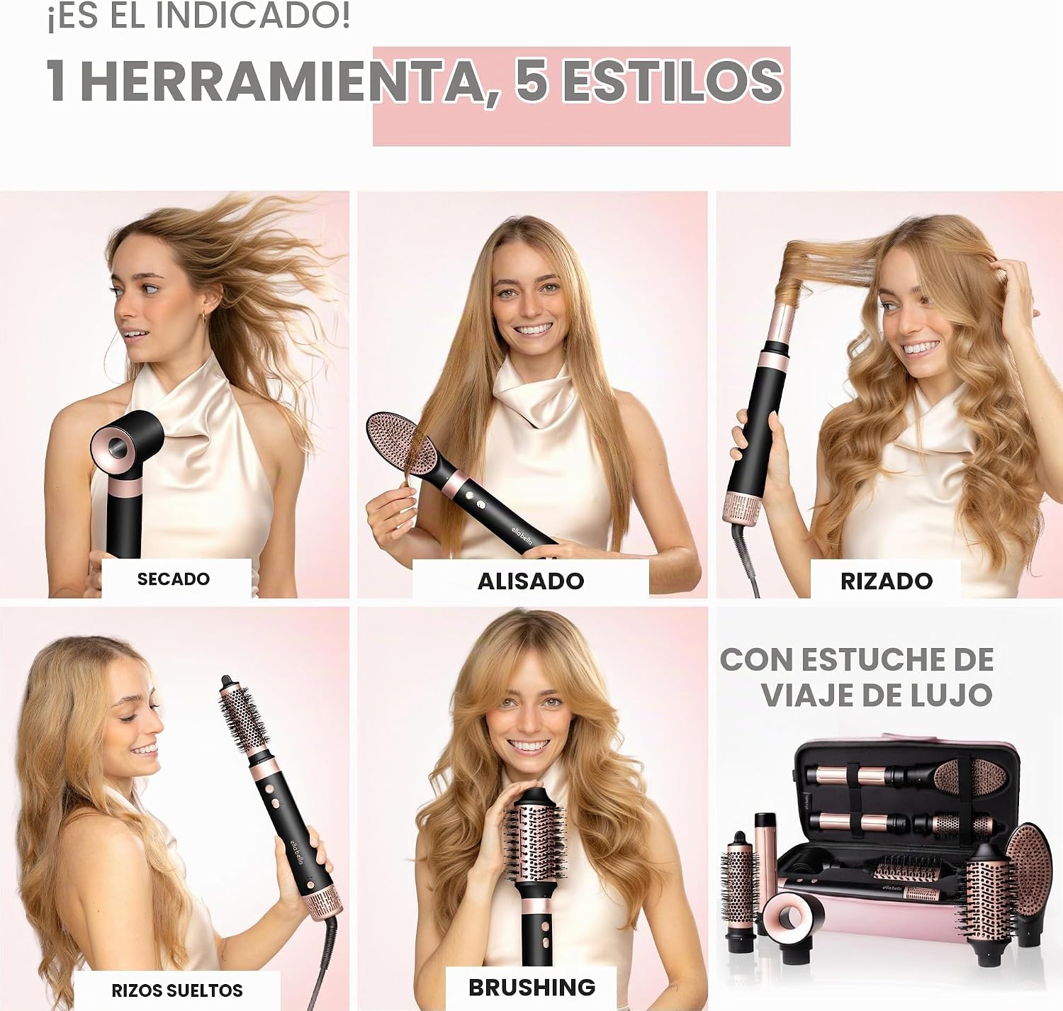 ELLA BELLA® - Moldeador y alisador profesional de aire caliente 6 e...