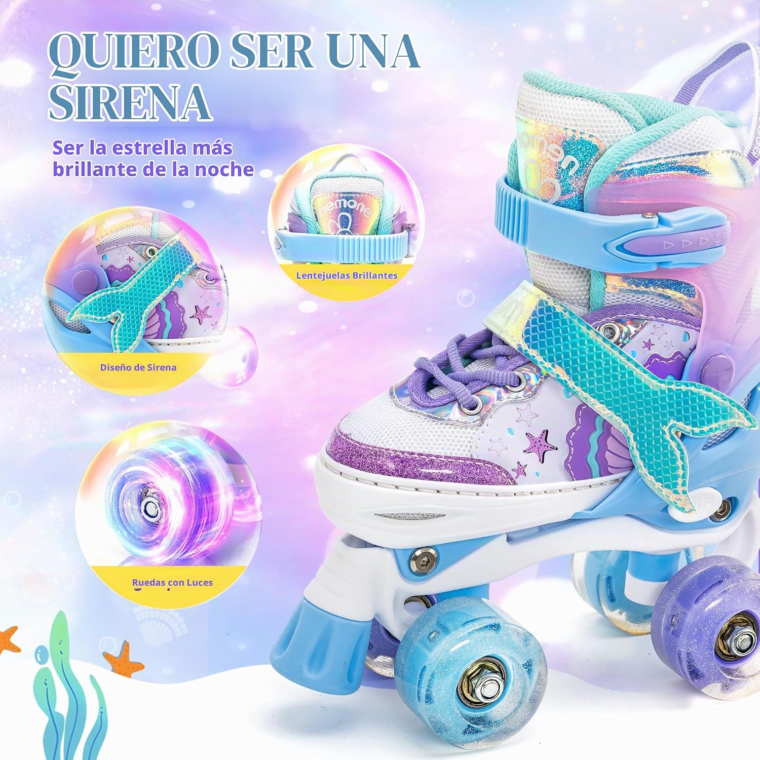 NEMONE - Patines de sirena con ruedas iluminadas y 4 tamaños ajusta...