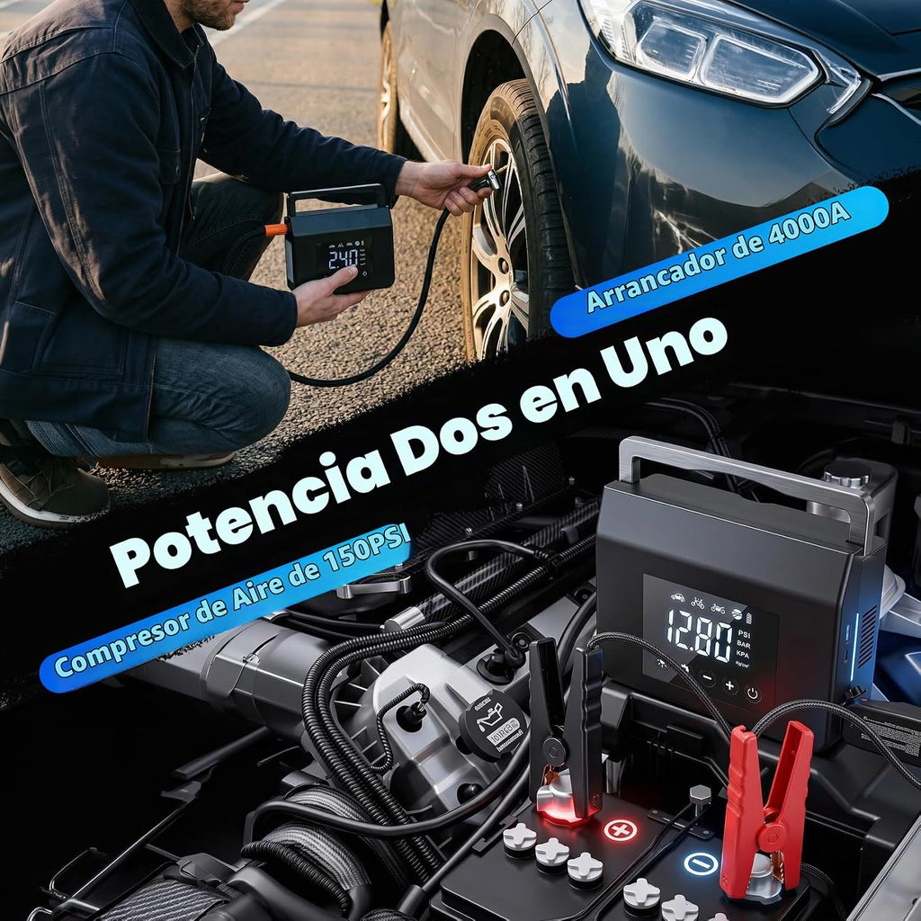 Arrancador de batería de automóvil con compresor de aire, inflador...
