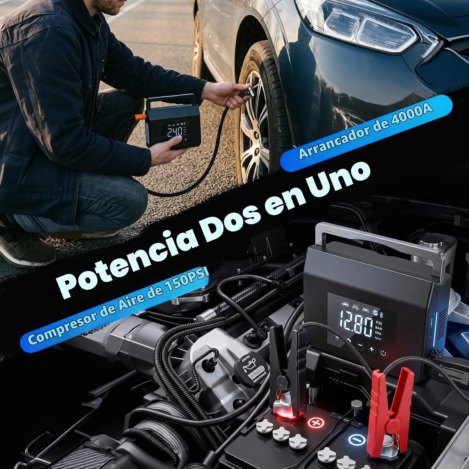 Arrancador de batería de automóvil con compresor de aire, inflador...