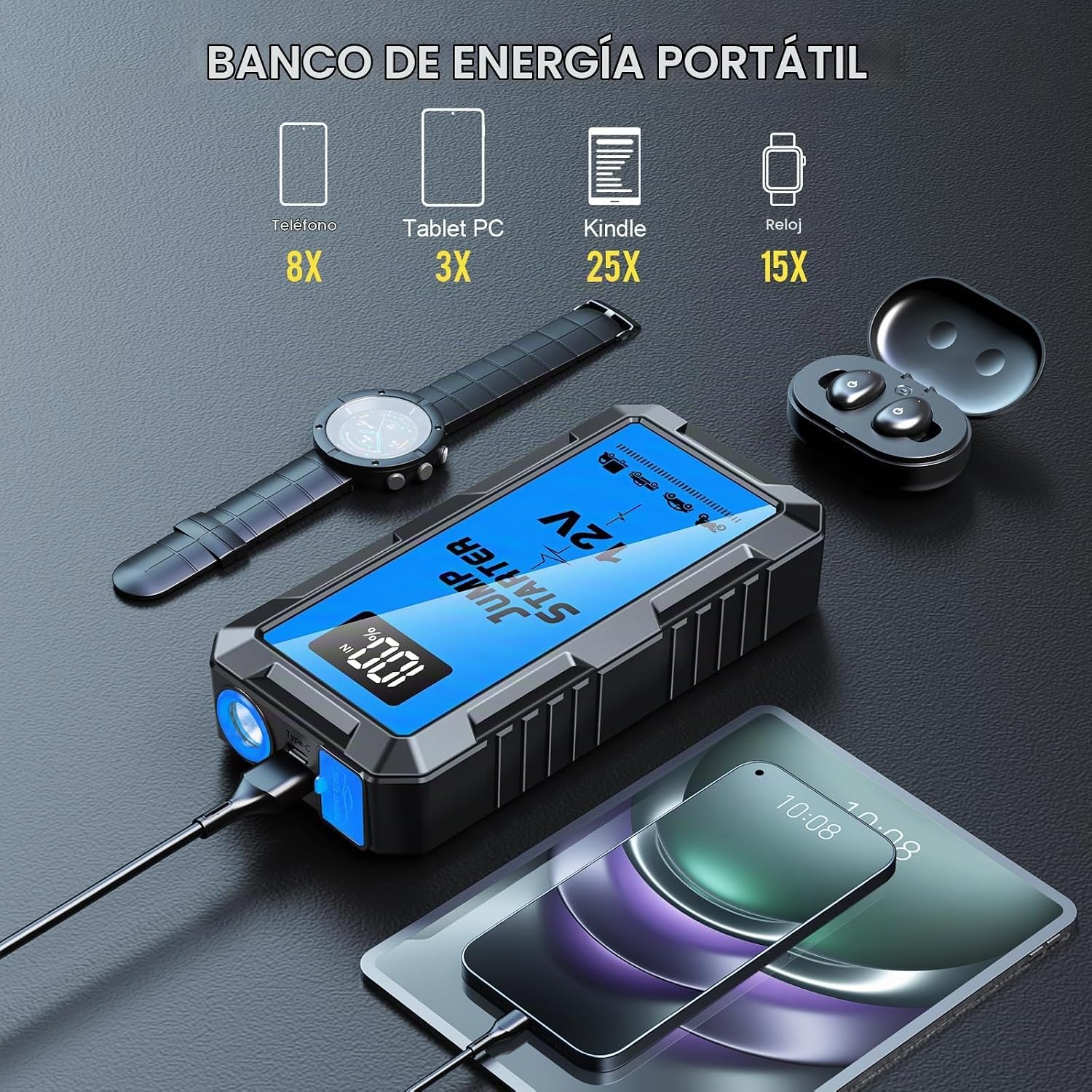 Caja de arranque de batería de coche de 8000 A con cables de puente...