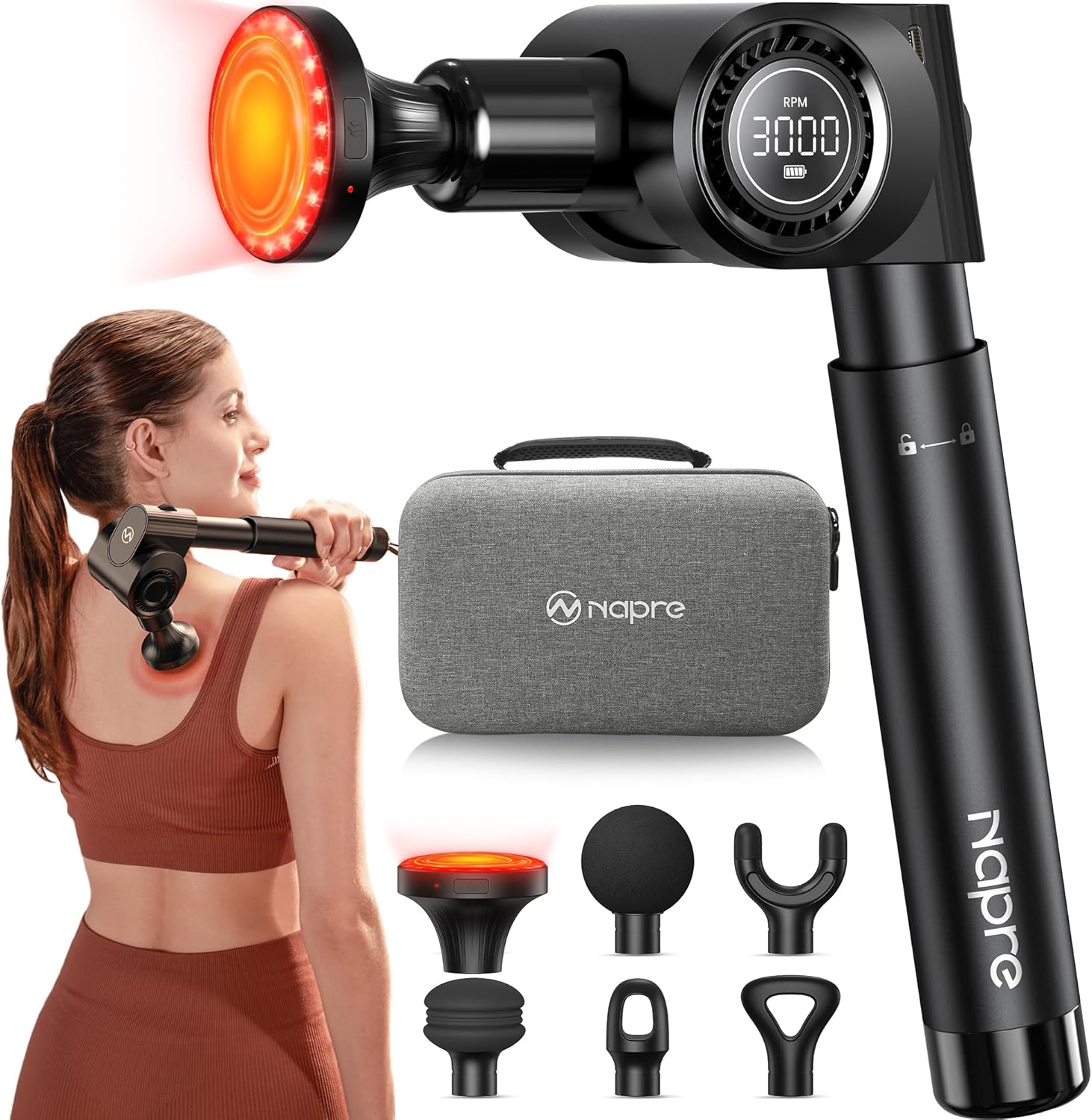 NAPRE - Pistola de masaje con calor, masajeador manual de percusión...