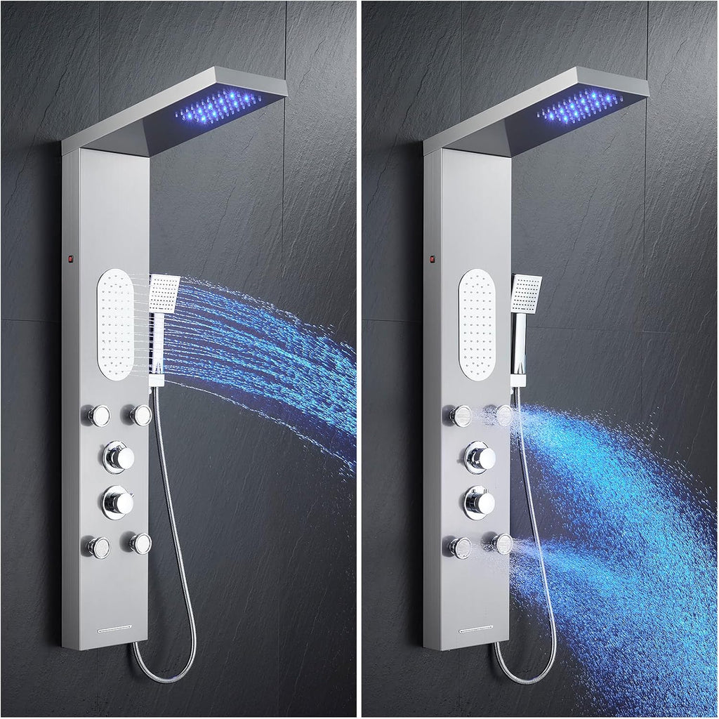 MENATT Sistema de torre de panel de ducha LED de 5 funciones, 4 cho...