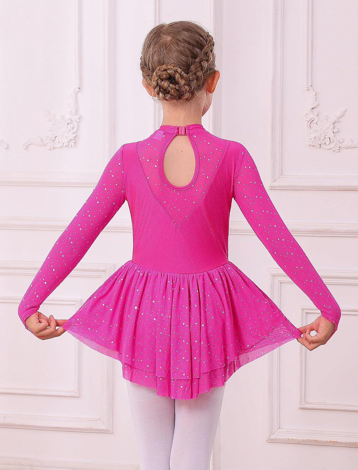 ODASDO Vestido de Patinaje Artístico para Niñas, Malla de Manga Lar...