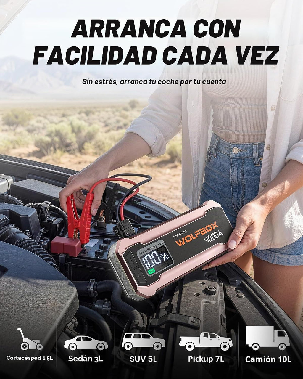 WOLFBOX Arrancador de 4000 A, batería de coche rosa de 12 V portáti...