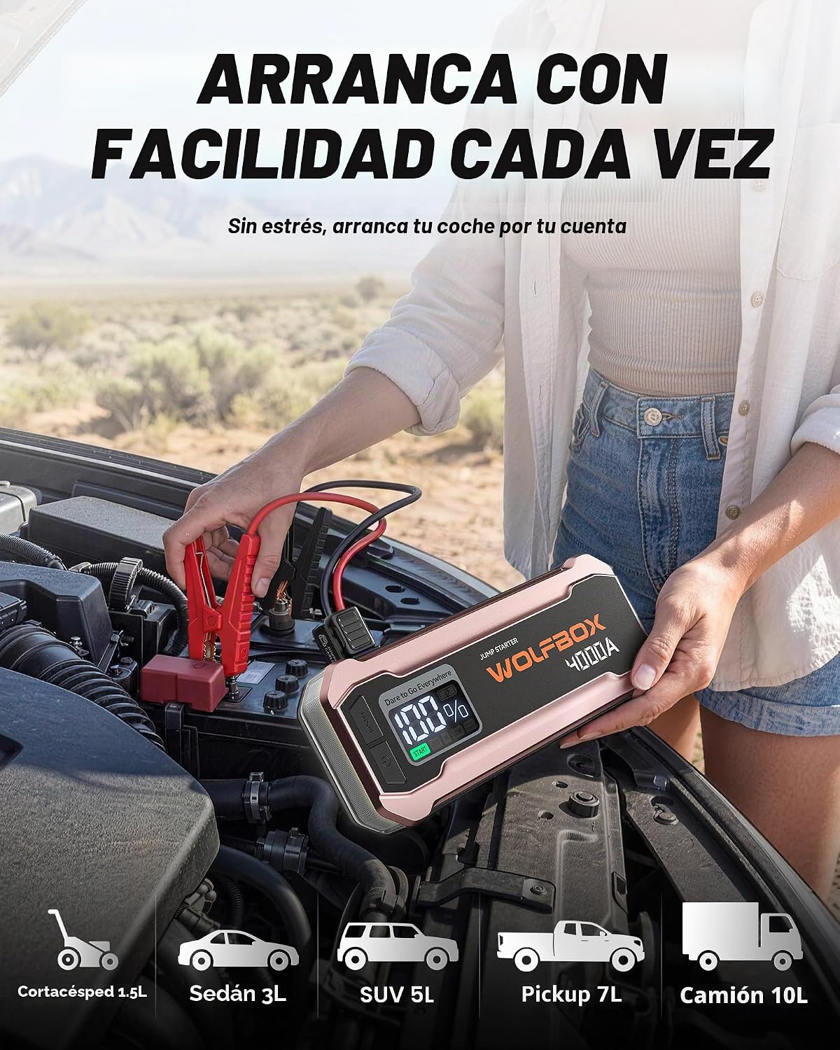 WOLFBOX Arrancador de 4000 A, batería de coche rosa de 12 V portáti...