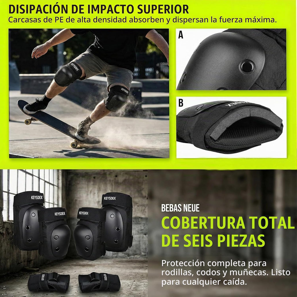 KEYSDEX Rodilleras, coderas, muñequeras 6 en 1, equipo de protecció...