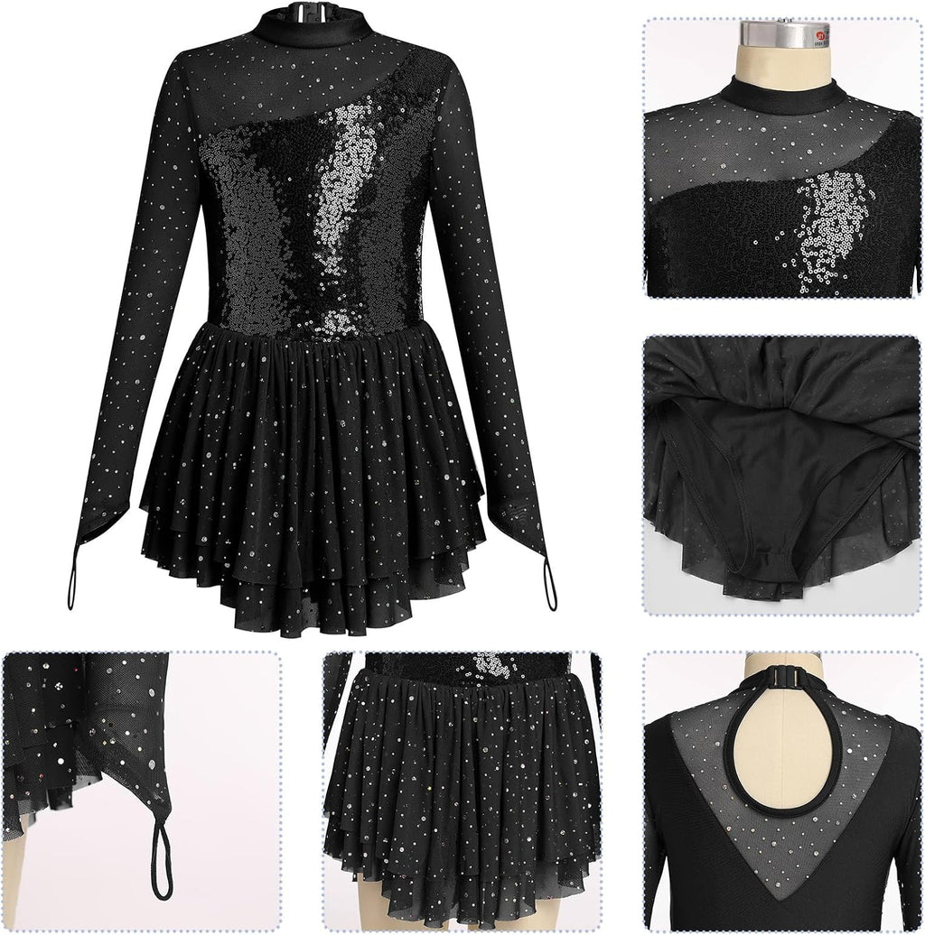 Vestido de patinaje artístico para niña, con lentejuelas brillantes...