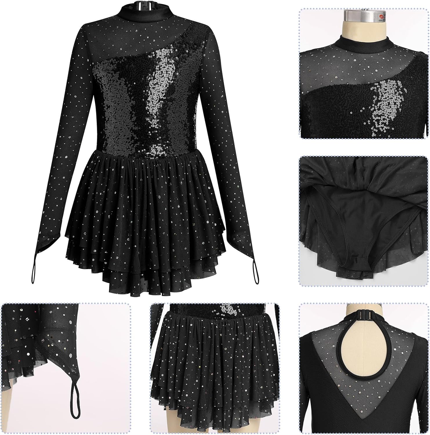 Vestido de patinaje artístico para niña, con lentejuelas brillantes...