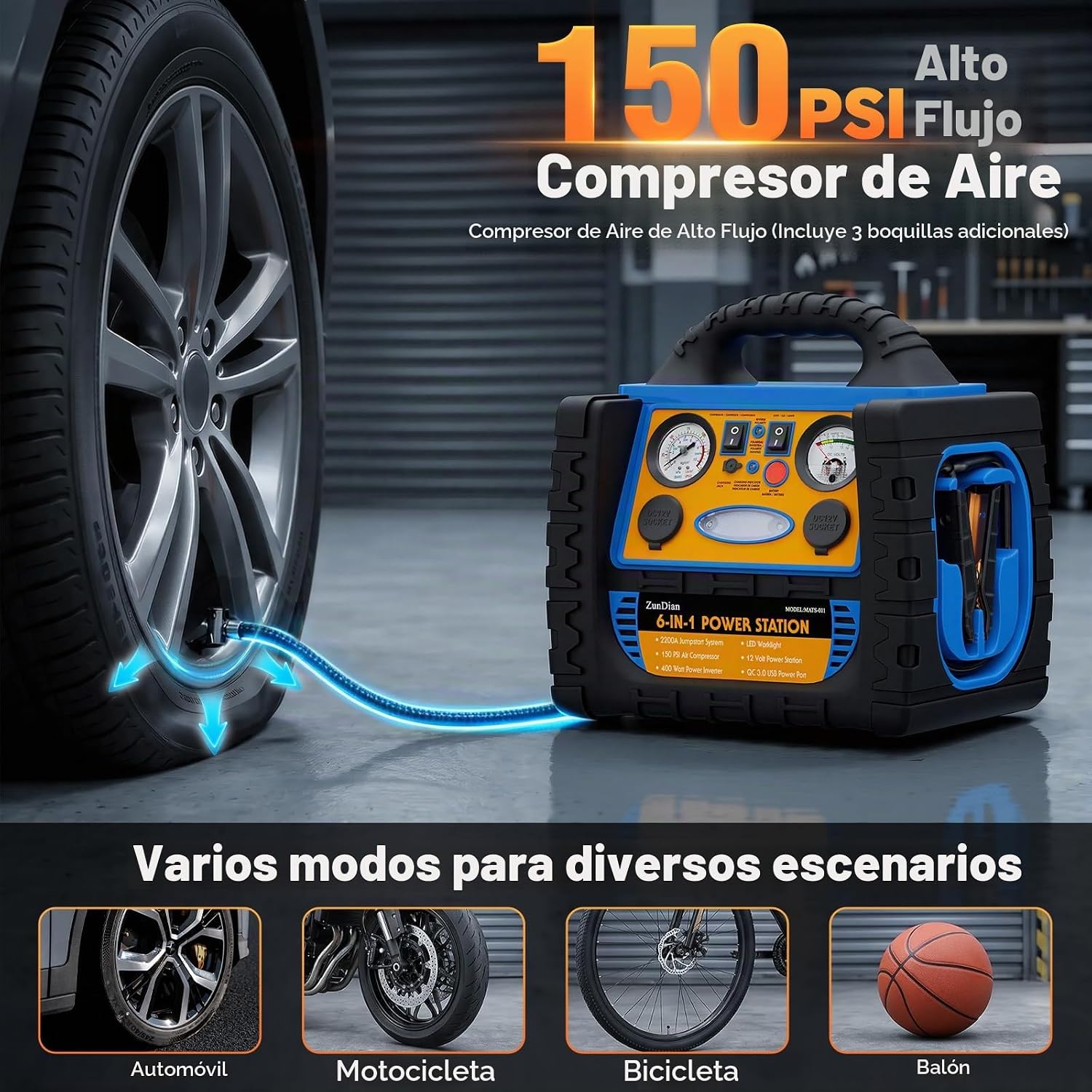 Arrancador de coche con compresor de aire, paquete de refuerzo de b...