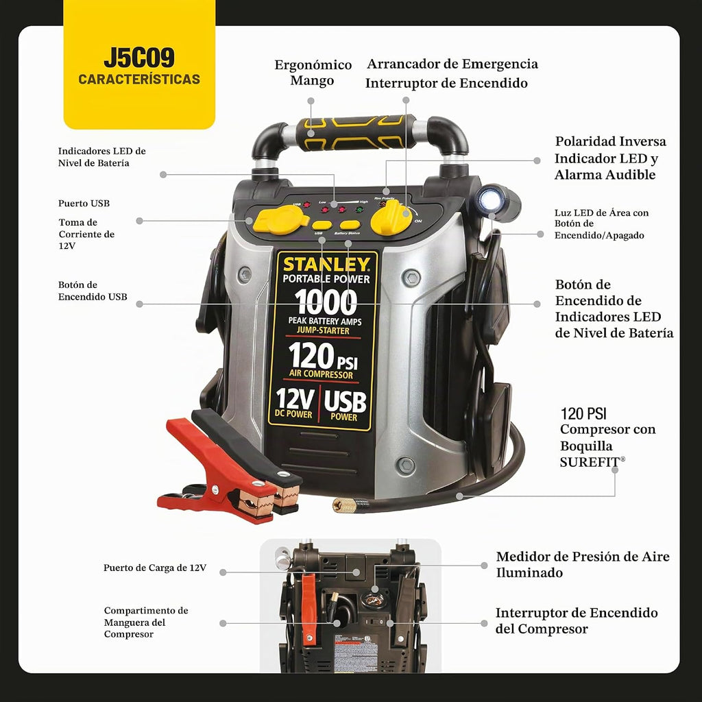 STANLEY Arrancador automotriz de 1000 amperios de pico, potencia po...