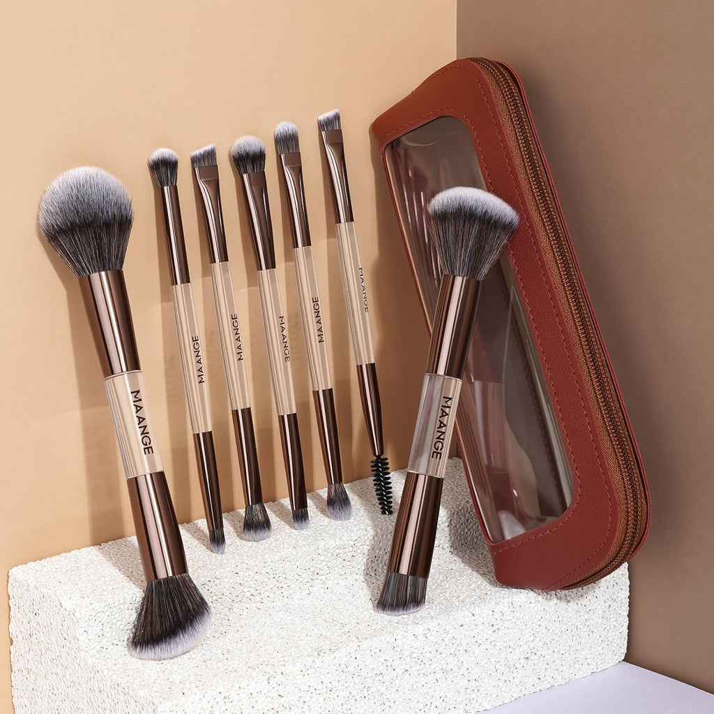 MAANGE Juego de 7 pinceles para maquillaje con bolsa, brochas de ma...
