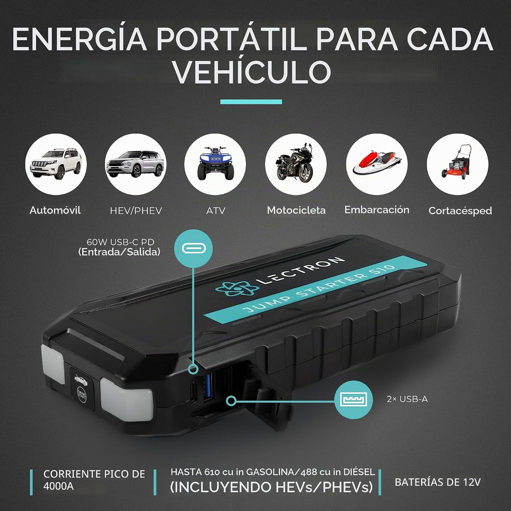 Lectron Arrancador de batería de automóvil de 4000 A, paquete de re...