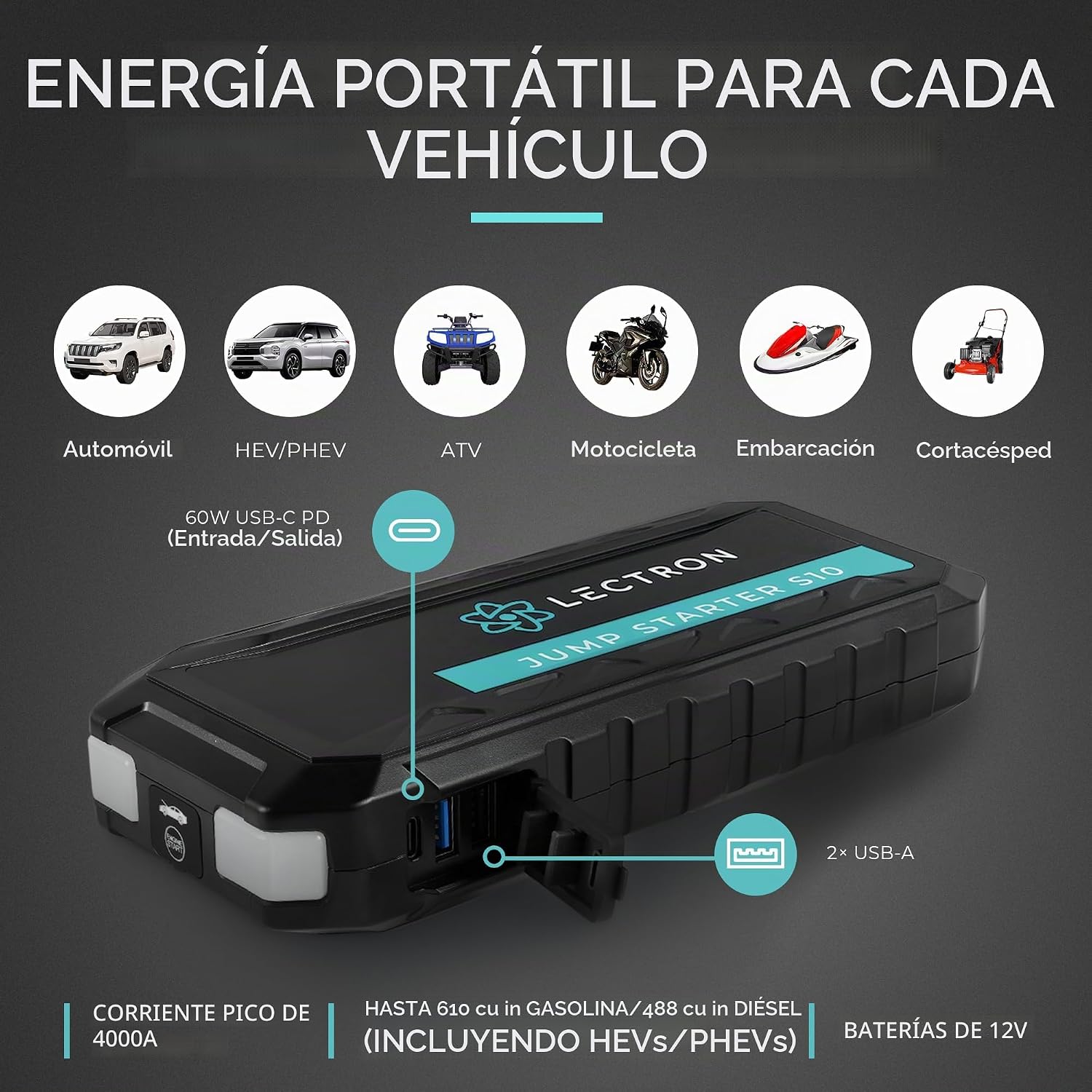 Lectron Arrancador de batería de automóvil de 4000 A, paquete de re...