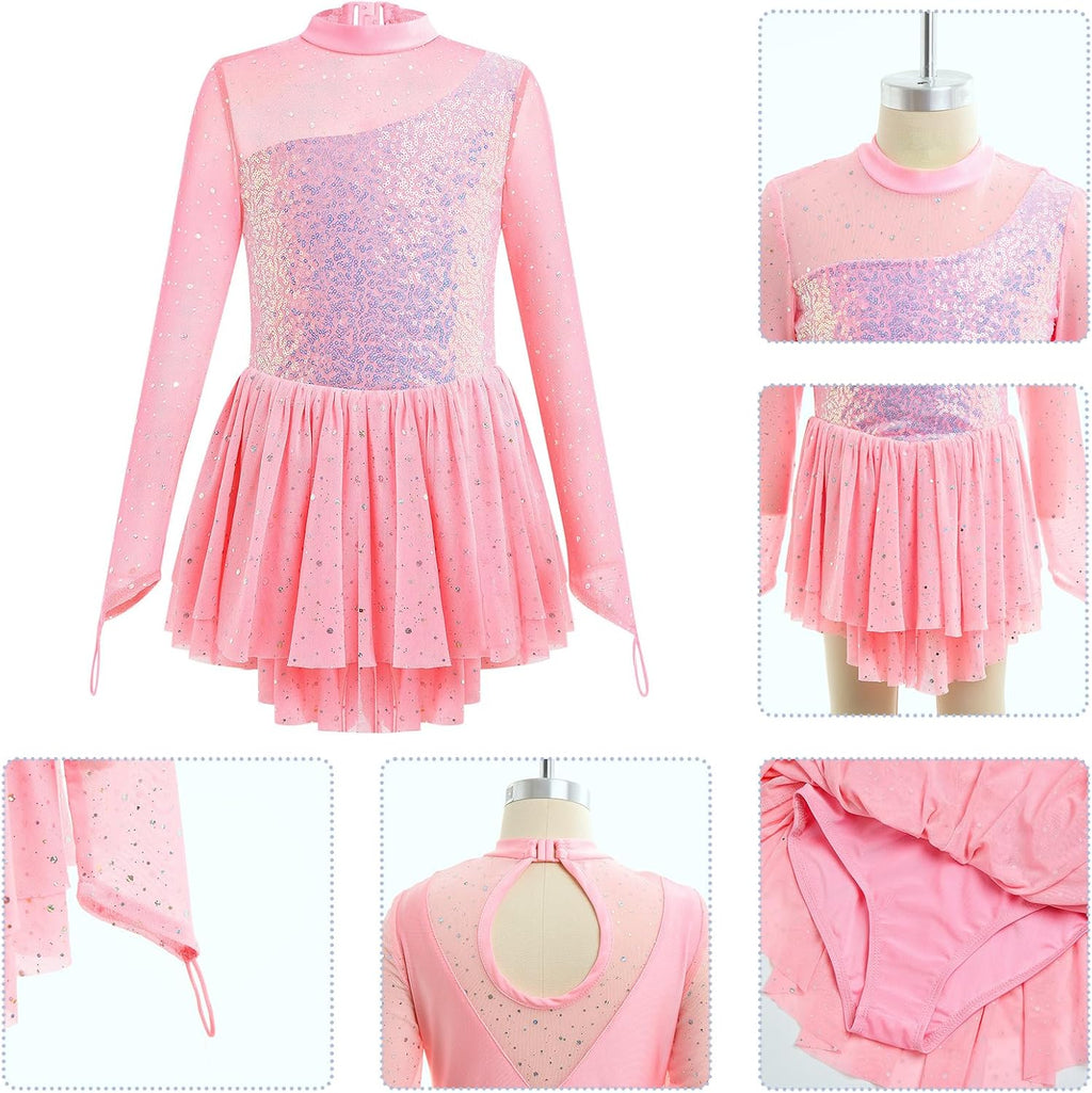 ODASDO Vestido de Patinaje Artístico para Niñas, Malla de Manga Lar...