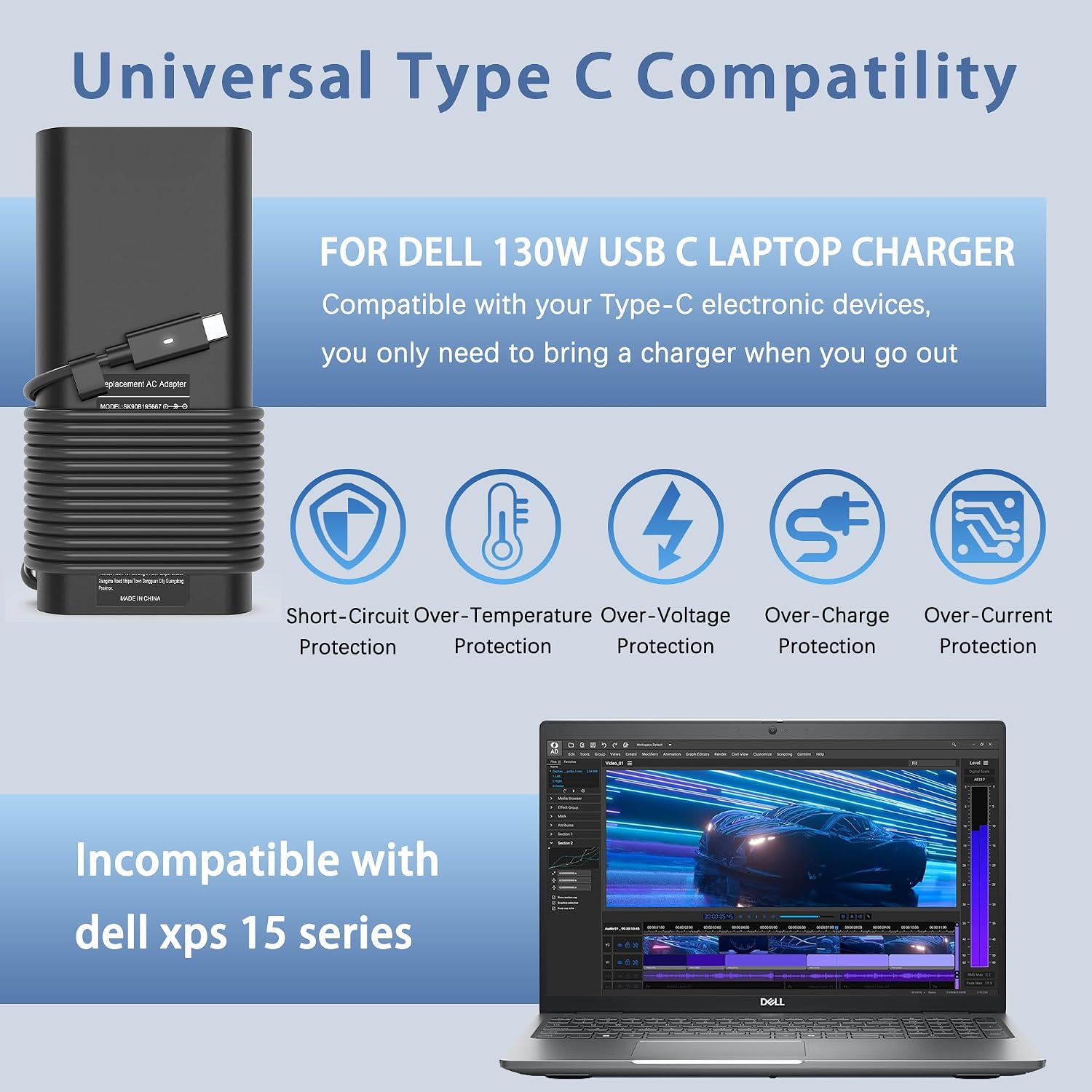 Cargador USB C para laptop de 130 W compatible con Dell Xps 17, Pre...
