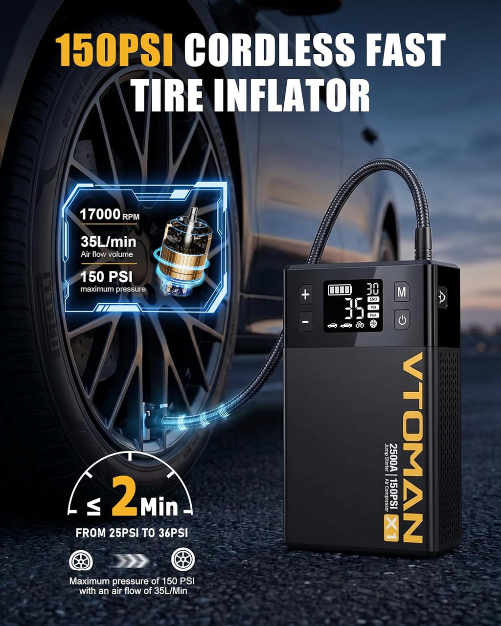 VTOMAN Arrancador de salto X1 con compresor de aire para hasta 8.5L...