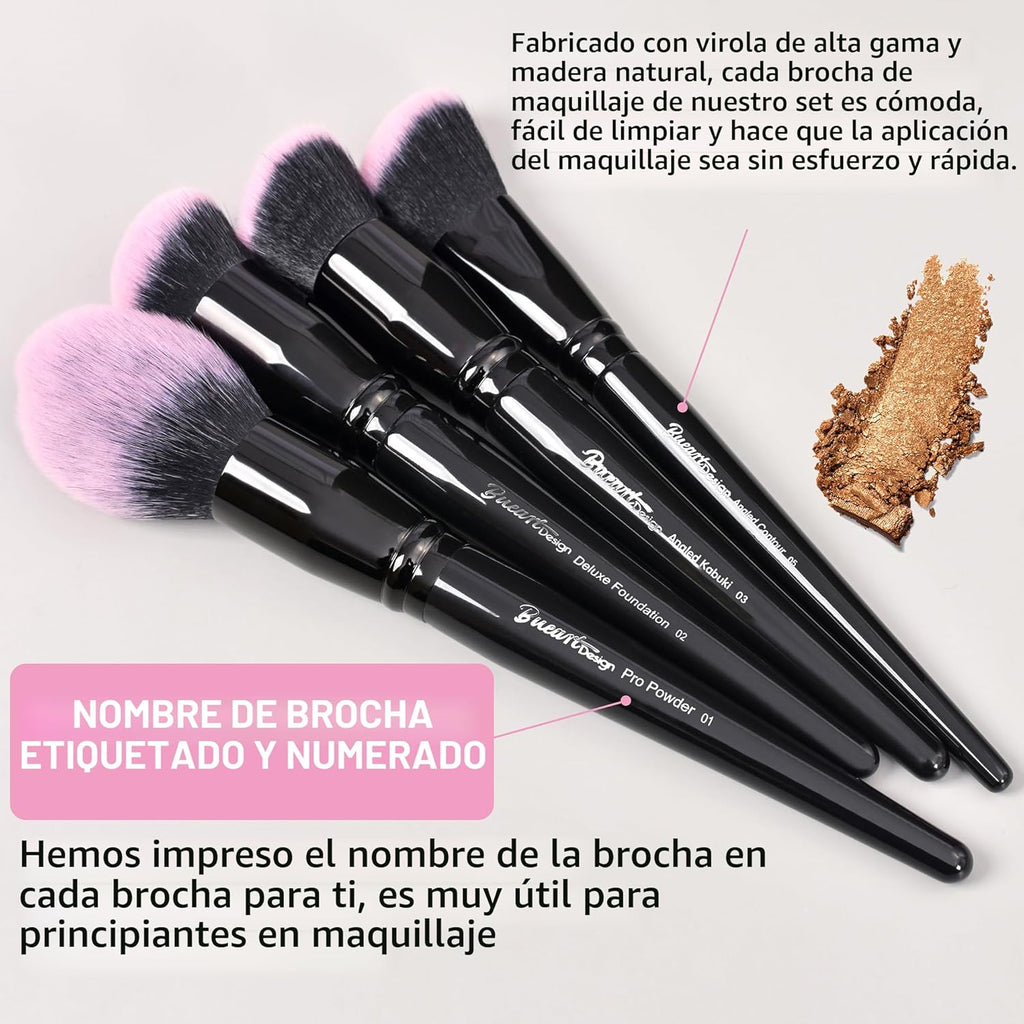 Bueart Design Juego de 18 brochas de maquillaje Pro Deluxe, color r...