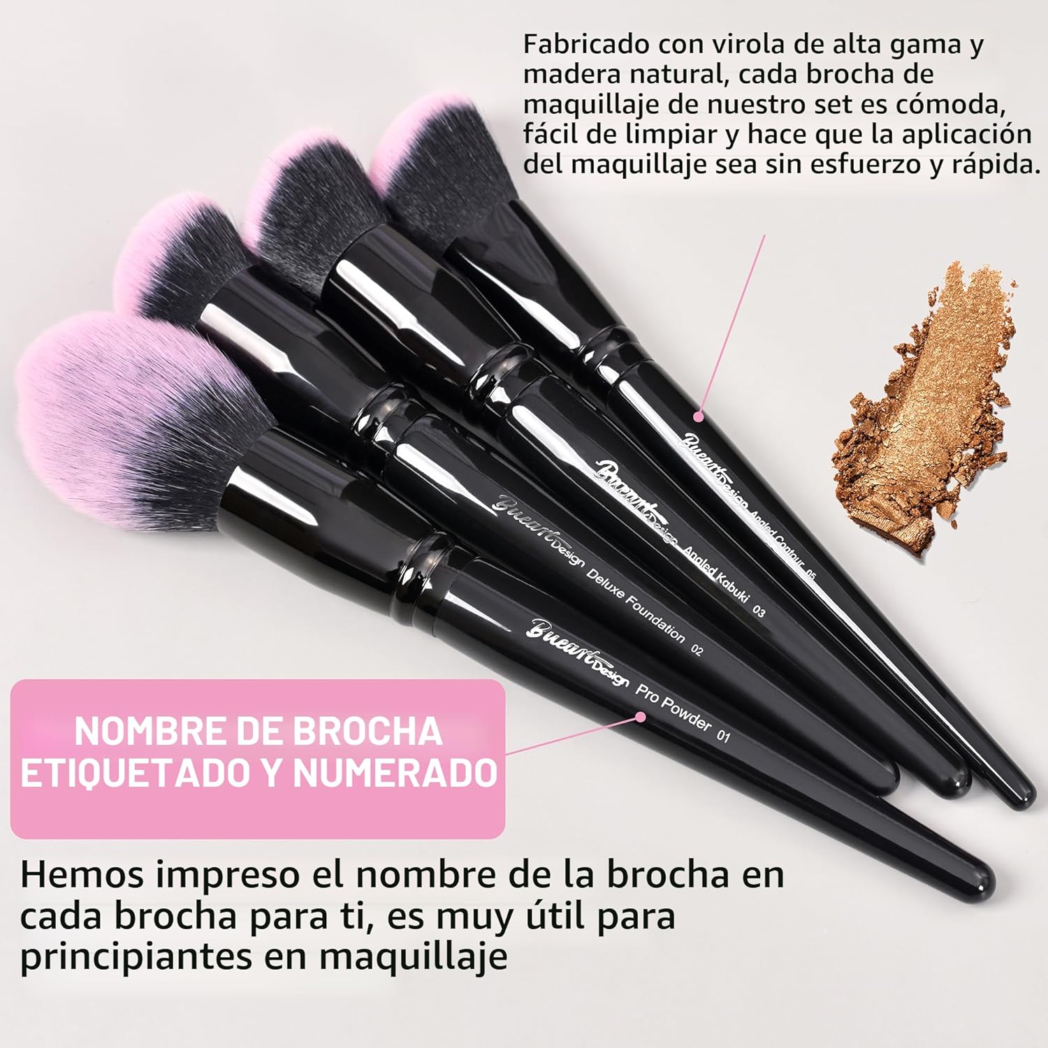 Bueart Design Juego de 18 brochas de maquillaje Pro Deluxe, color r...