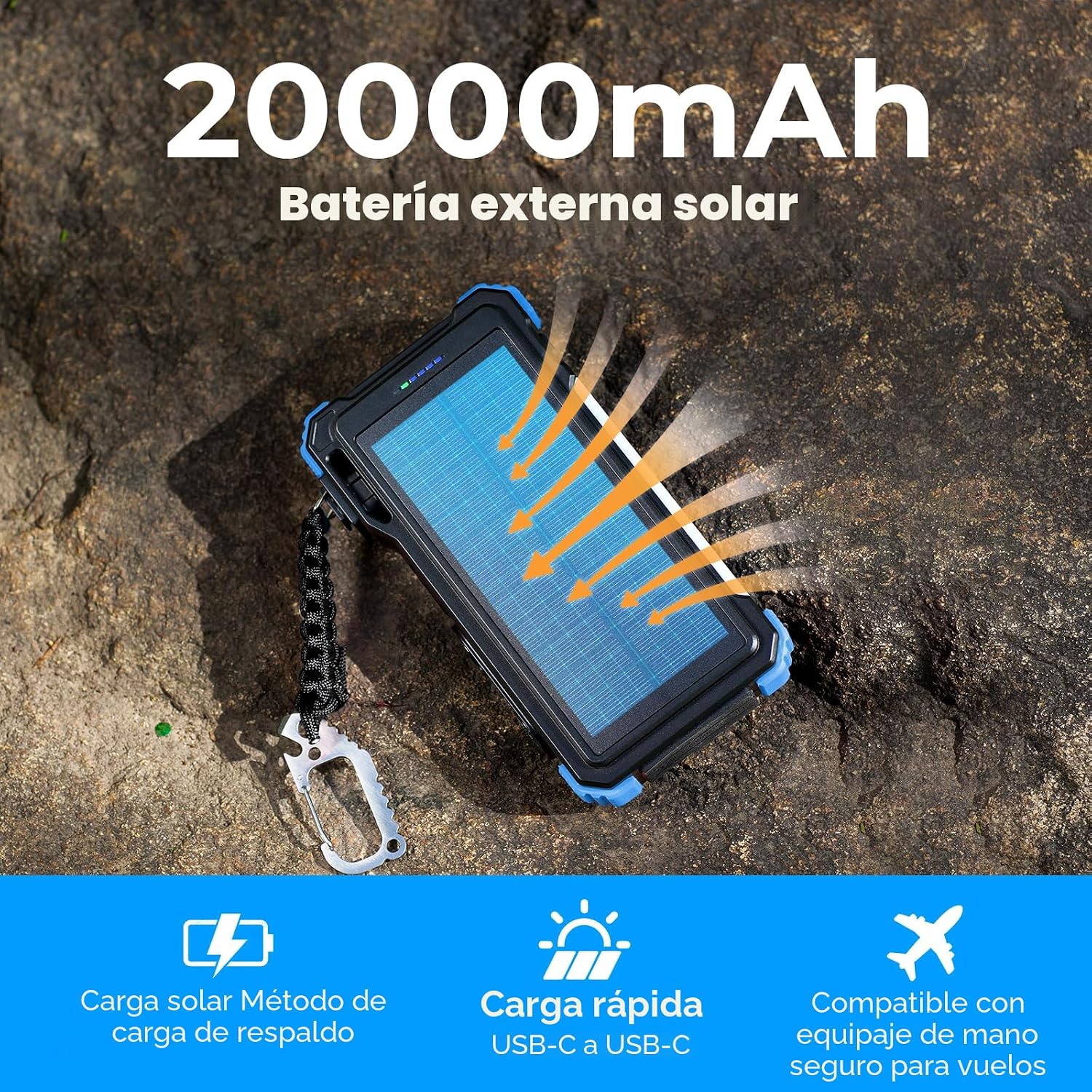 BLAVOR Banco de Energía Solar 20000mAh con Cables Integrados, Carga...