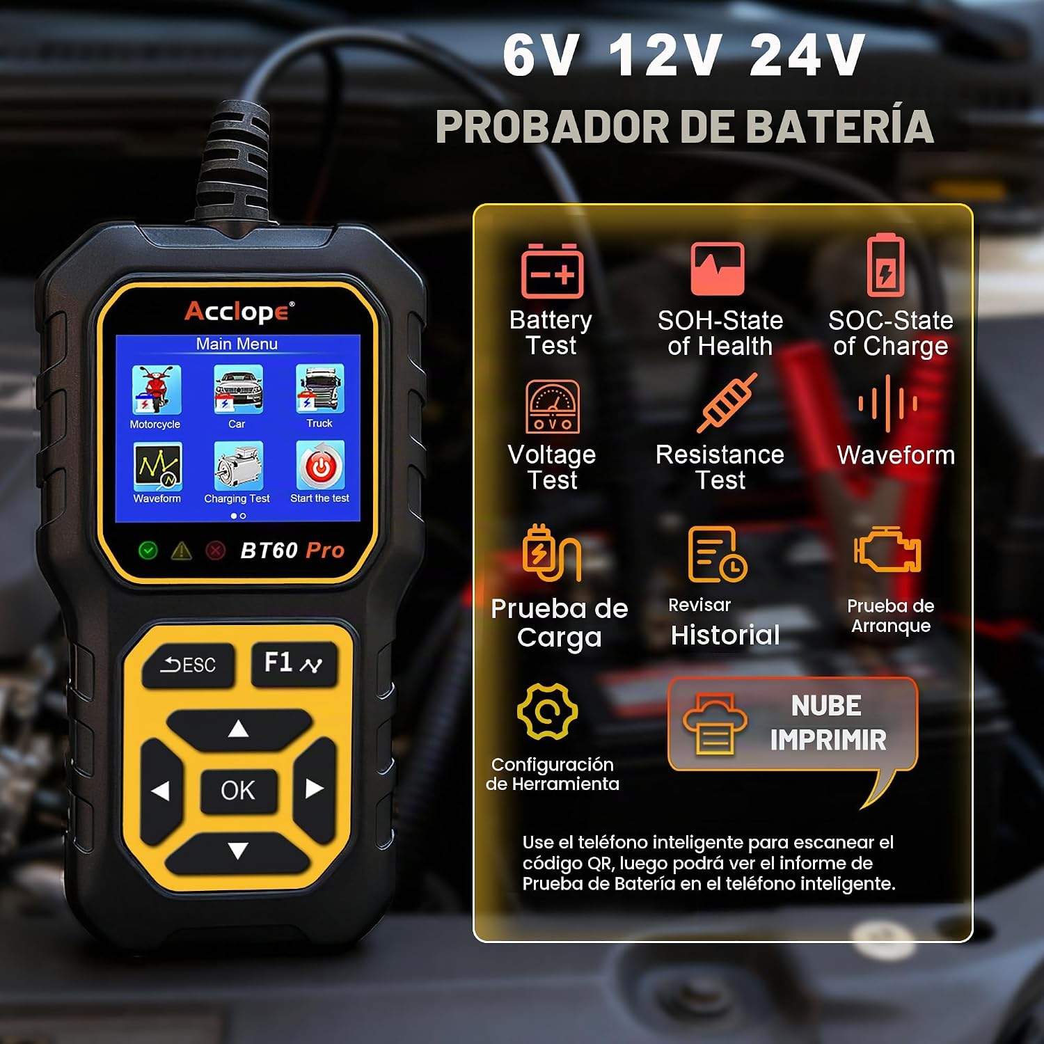 Acclope BT60 PRO - Probador de batería de coche 6V\/12V\/24V, 2\u20...