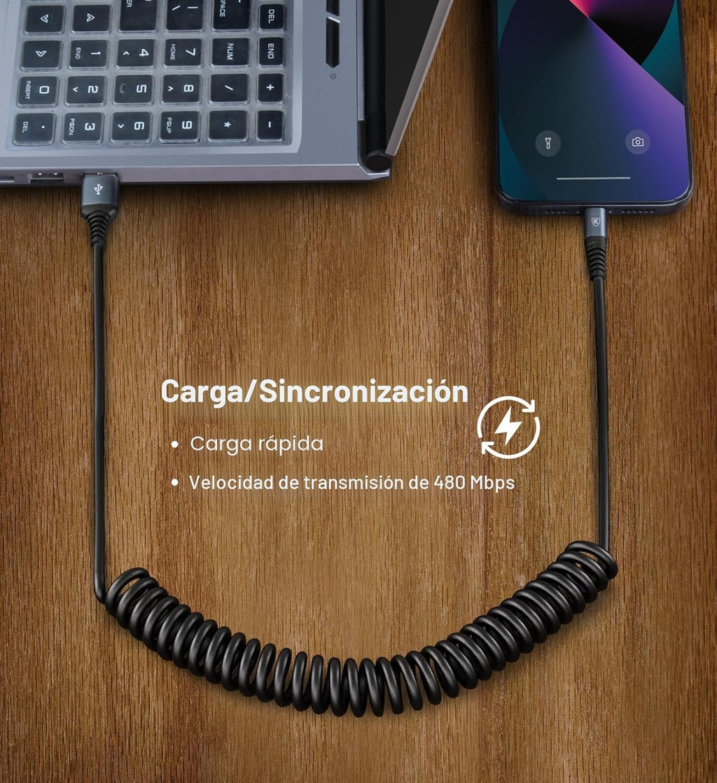 Cable Lightning en espiral, cable de carga para iPhone de 3 pies pa...