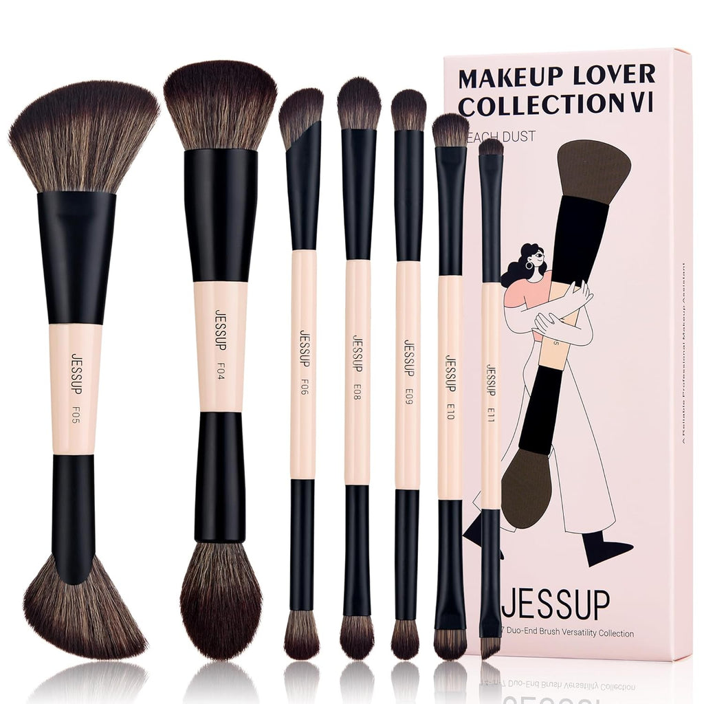 Jessup Juego de brochas de maquillaje, 7 piezas, brochas de doble c...