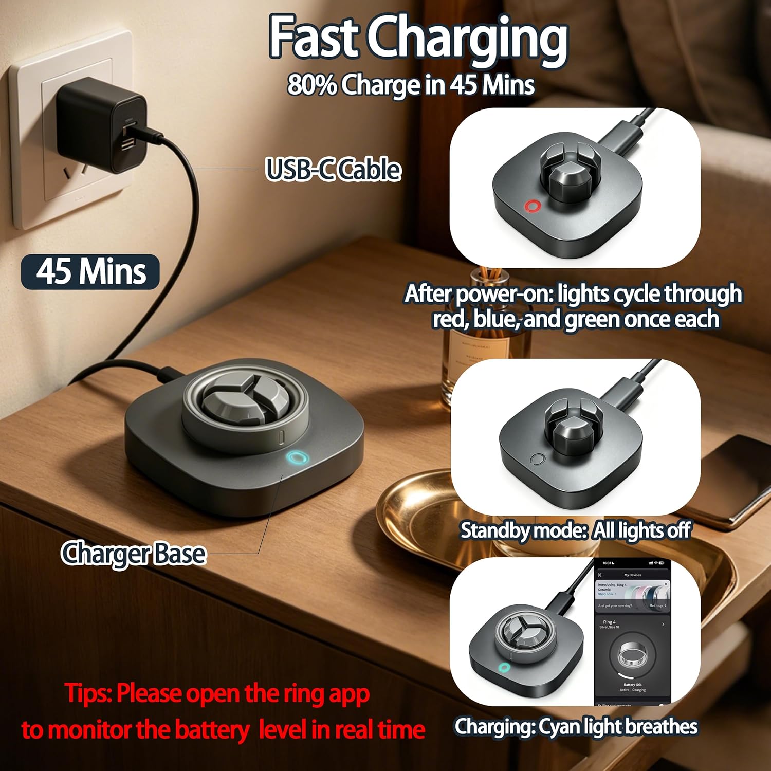 Cargador compatible con Ou-ra Ring Gen 4: Base de carga rápida para...