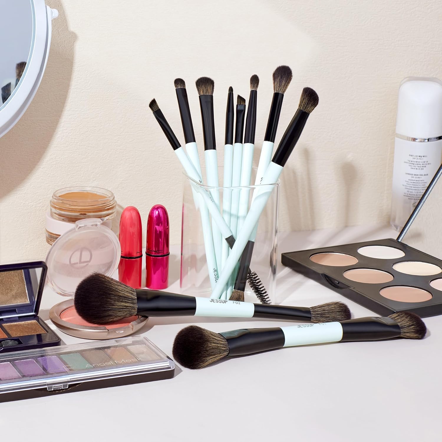 Jessup Juego de brochas de maquillaje, 10 piezas, doble cara para b...