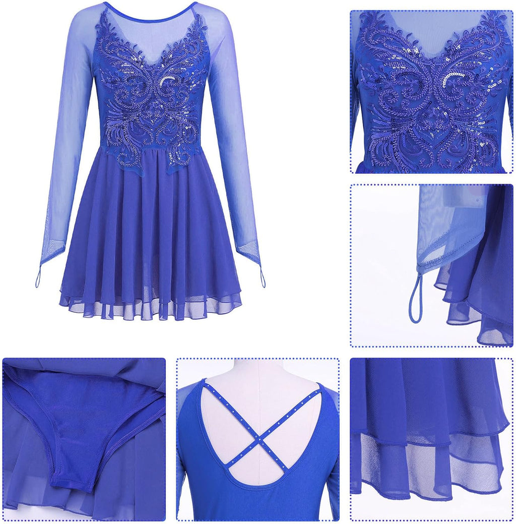 ODASDO Vestido de patinaje artístico para mujer, malla de manga lar...