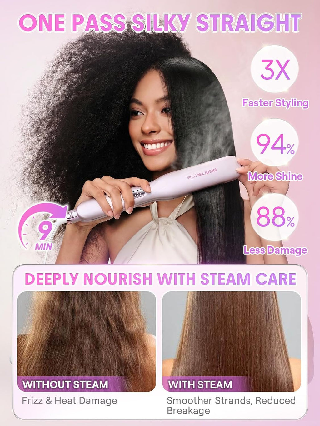 SHEGLAM Plancha de vapor alisadora de pelo de cerámica de 1,5" con...