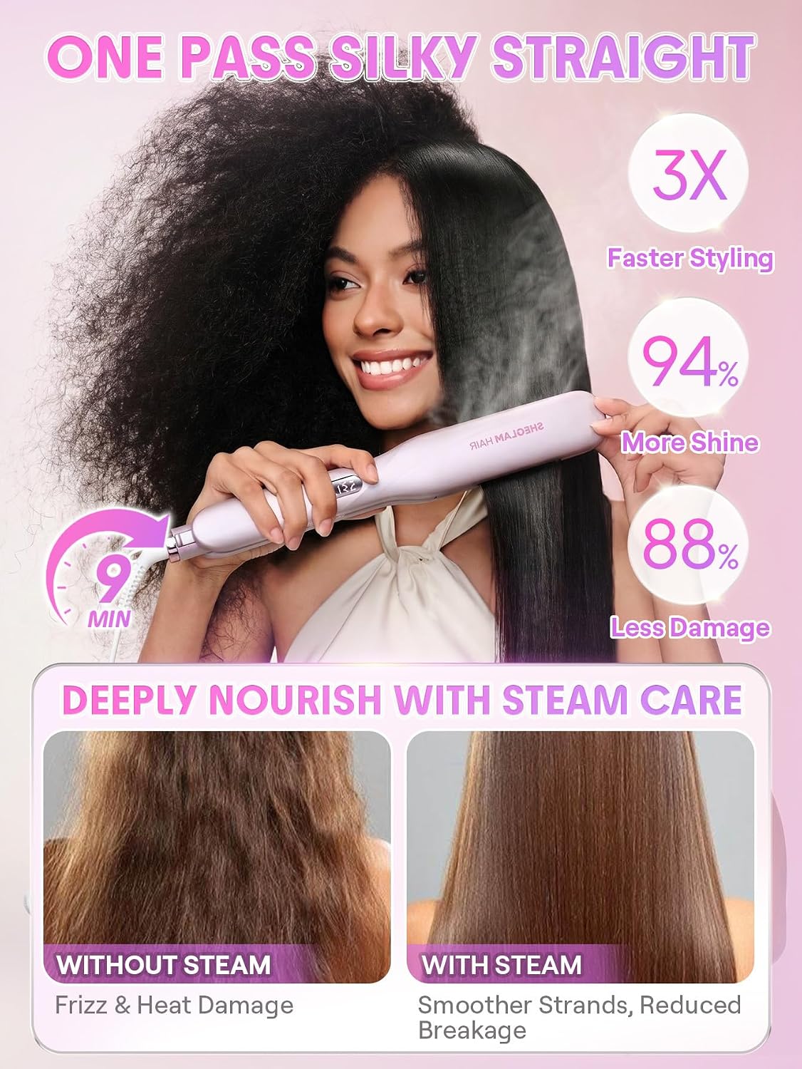 SHEGLAM Plancha de vapor alisadora de pelo de cerámica de 1,5" con...