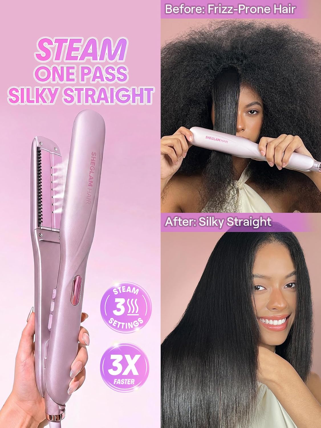 SHEGLAM Plancha de vapor alisadora de pelo de cerámica de 1,5" con...