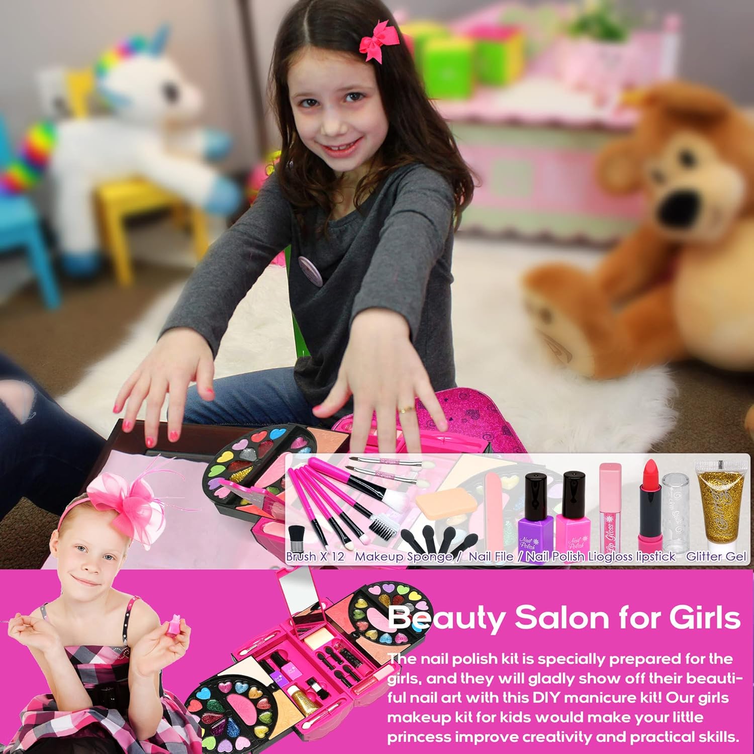 Kit de maquillaje infantil para niñas, 59 piezas de maquillaje real...