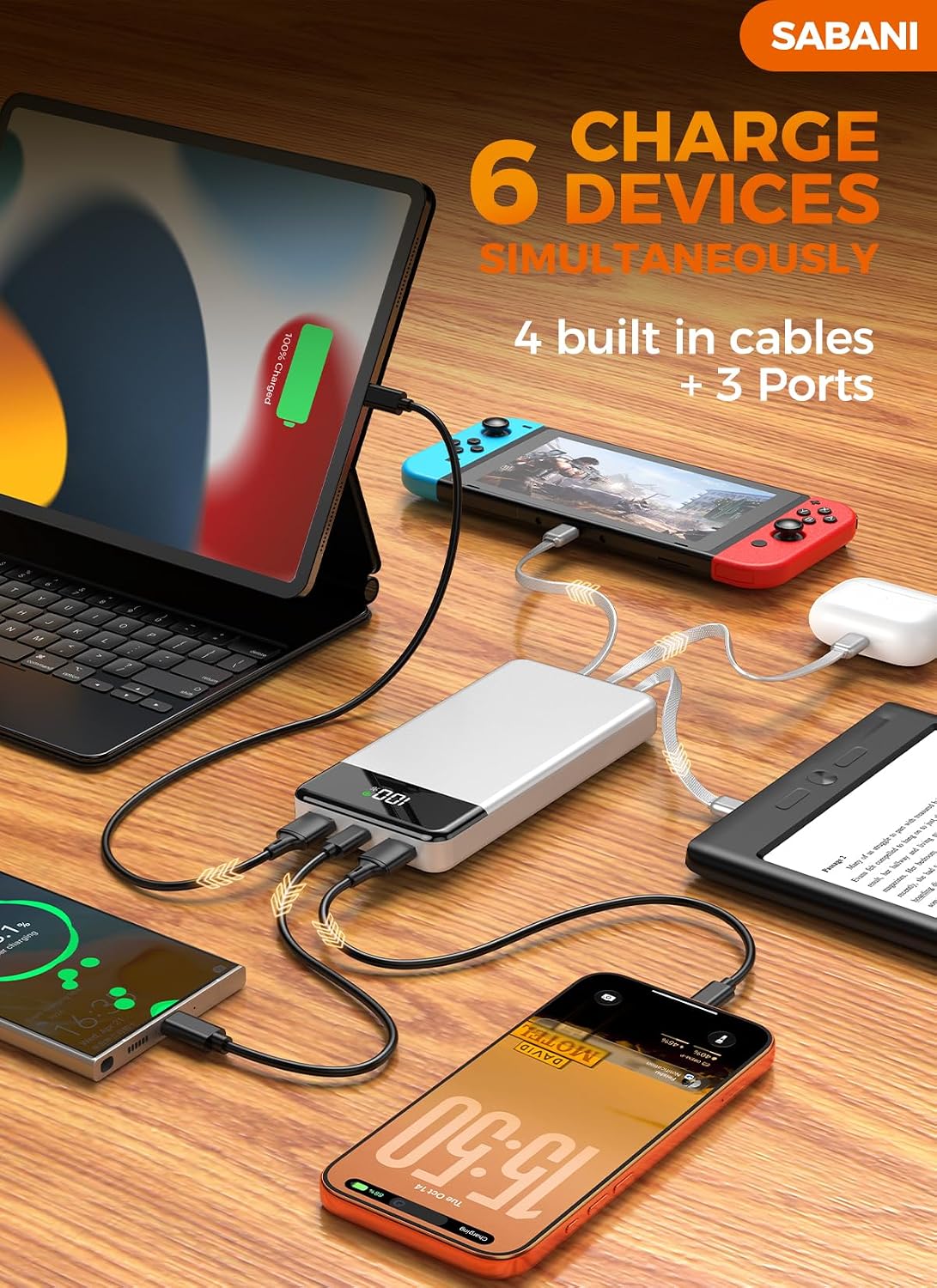 Cargador portátil de 35000 mAh - Powerbank con 4 cables integrados,...