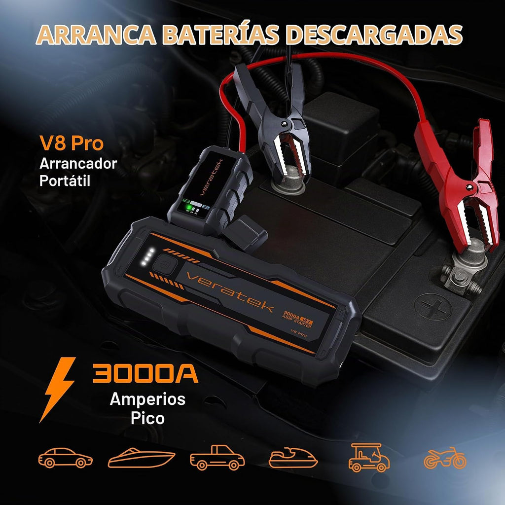 Veratek V8 Pro 3000A - arrancador de batería de coche portátil (8,0...