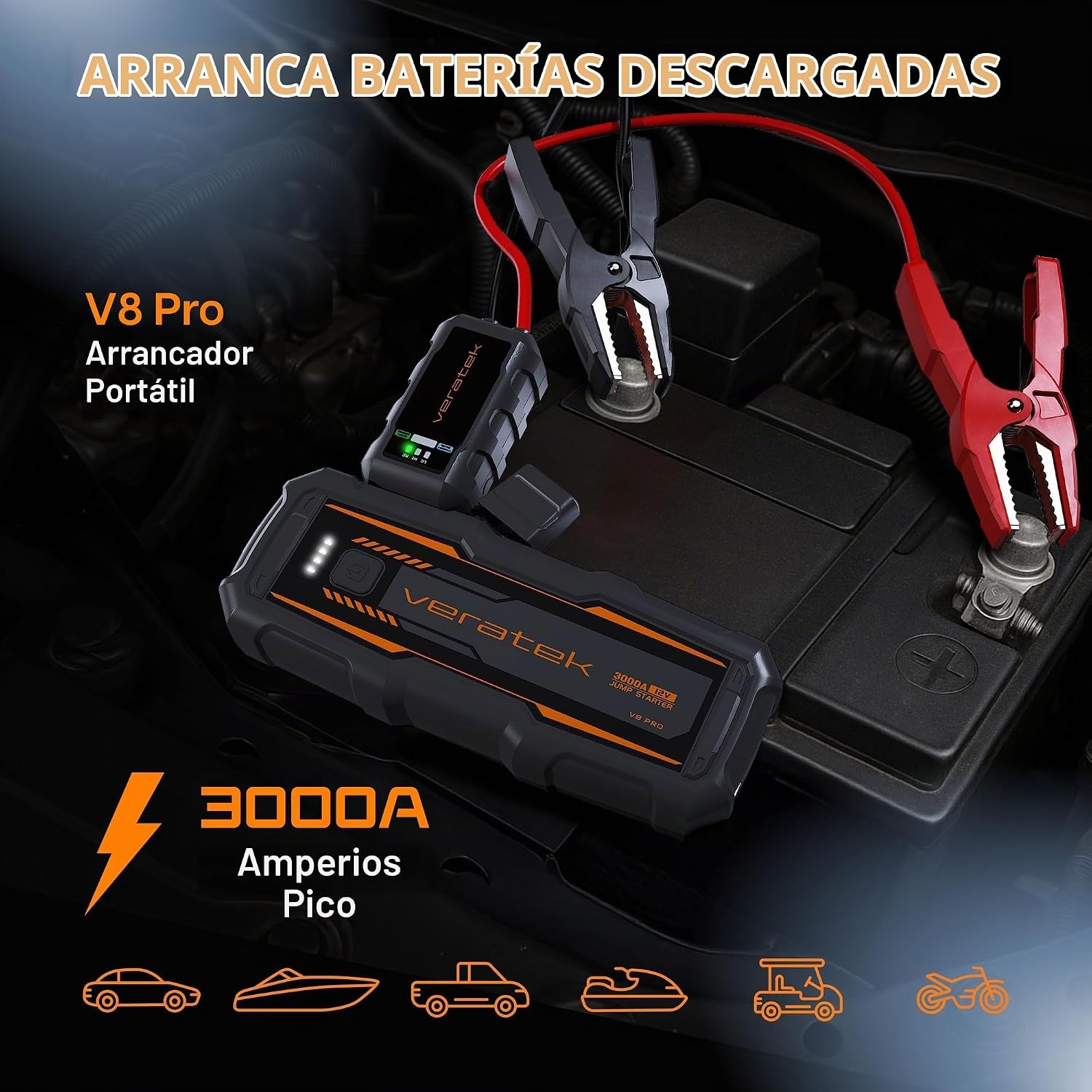 Veratek V8 Pro 3000A - arrancador de batería de coche portátil (8,0...
