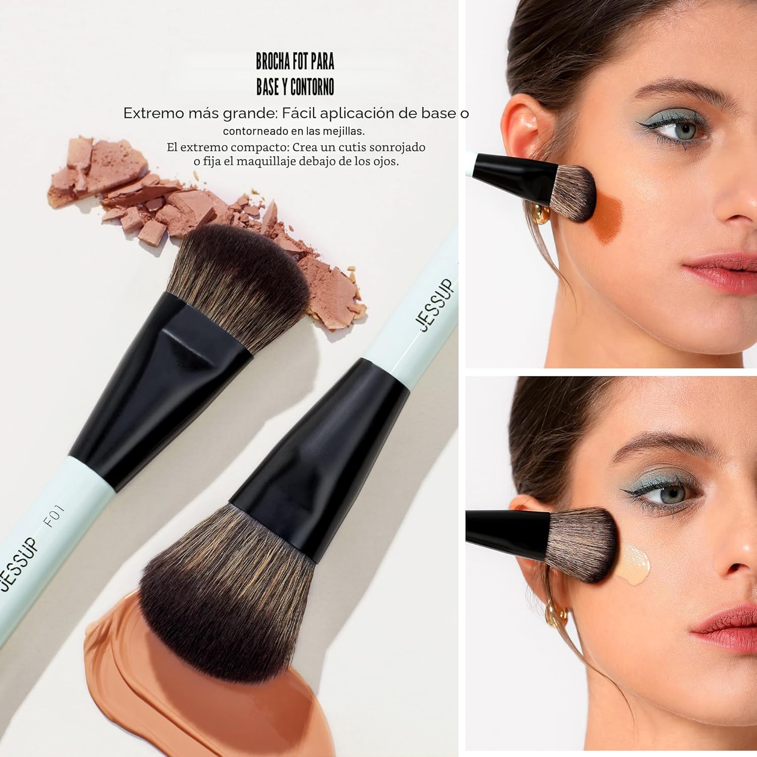 Jessup Cepillos de maquillaje facial azules 3 piezas, cepillo de ma...