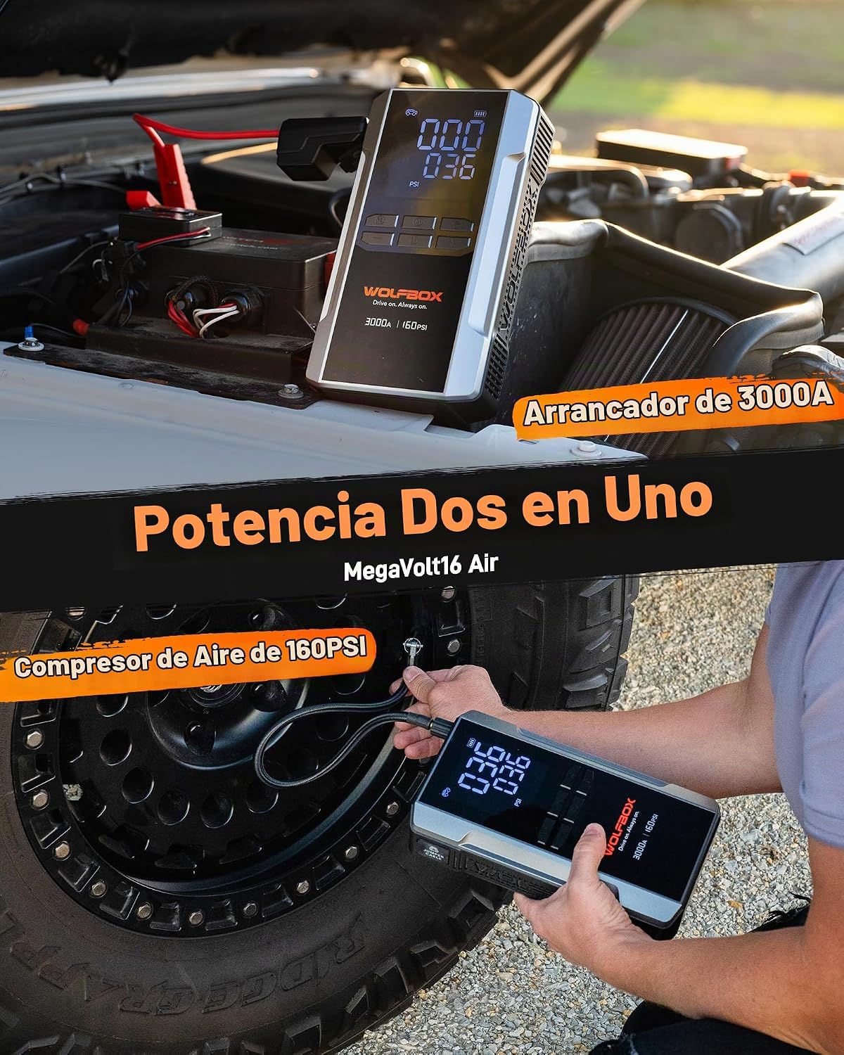 WOLFBOX MV16A 3000A Arrancador de salto con compresor de aire, bate...