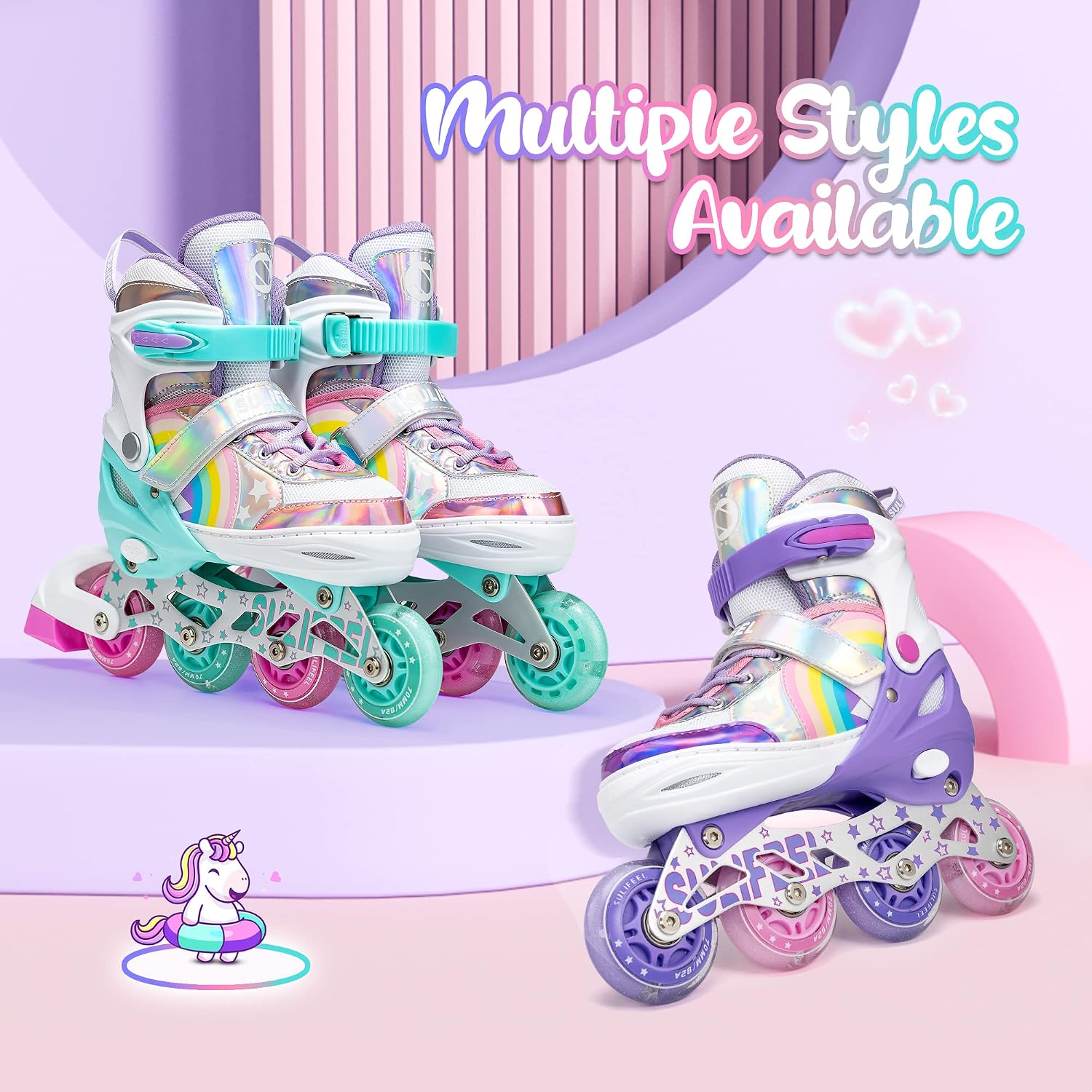 SULIFEEL Patines en línea de unicornio arcoíris para niñas y niños,...