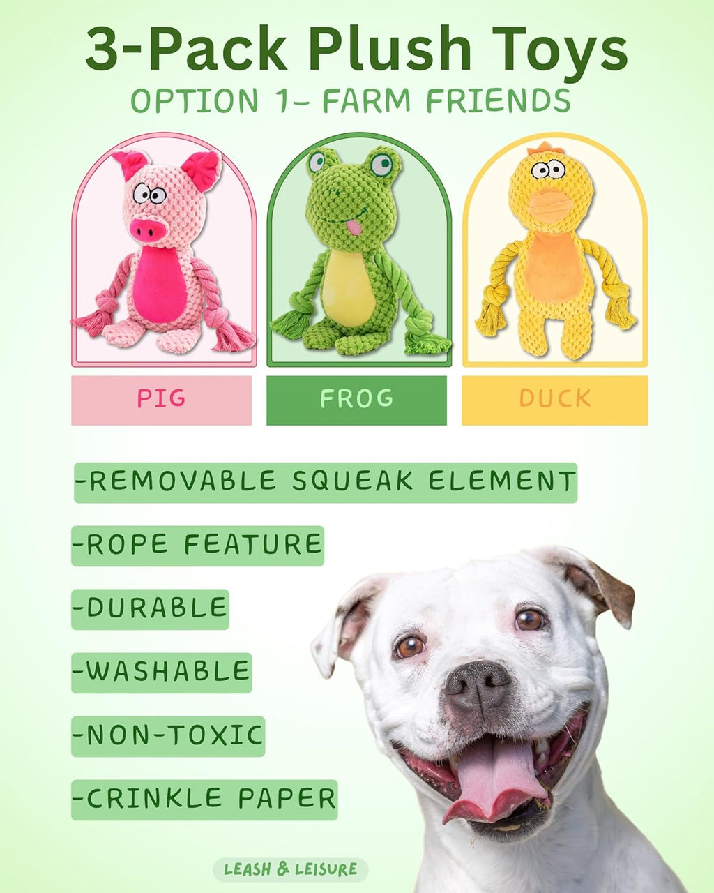 Leash and Leisure Juguetes de peluche para perros, paquete de 3 var...