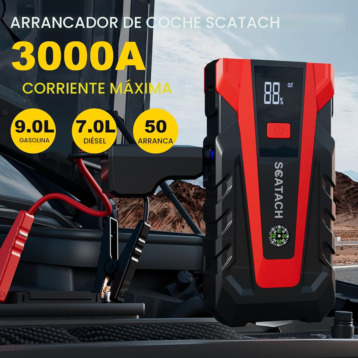 Scatach Arrancador de batería de coche de 3000 A, batería de arranq...