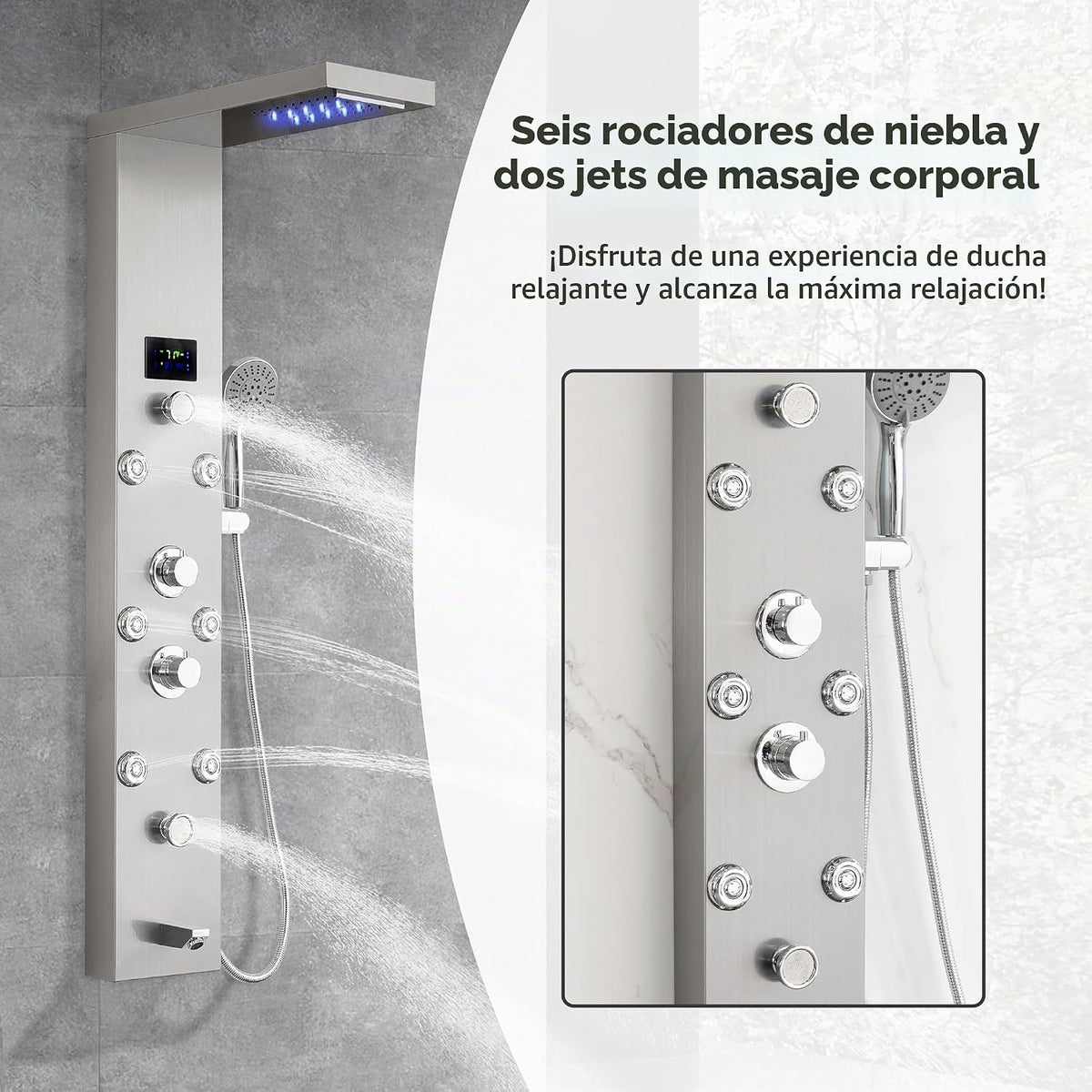 DELAVIN Torre de ducha de acero inoxidable LED, torre de panel de d...