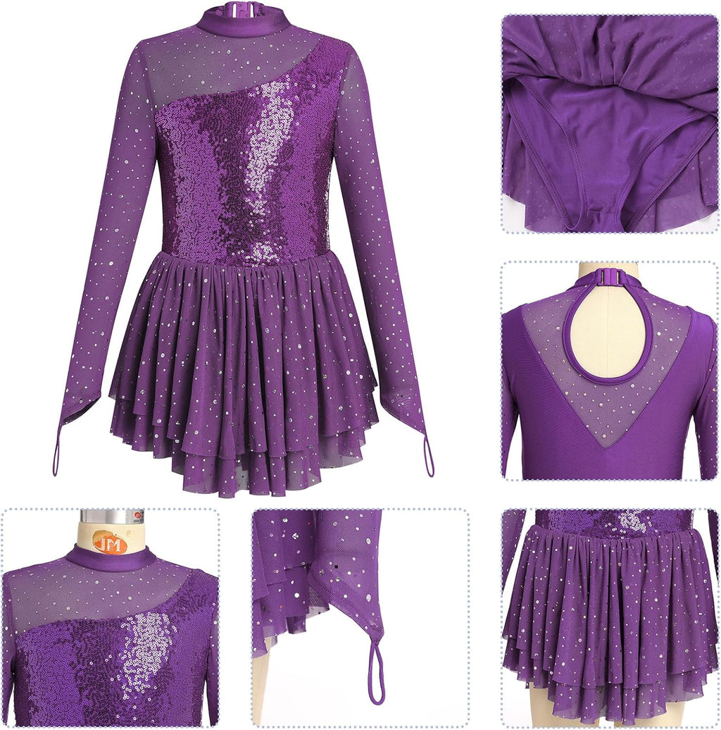 ODASDO Vestido de Patinaje Artístico para Niñas, Malla de Manga Lar...