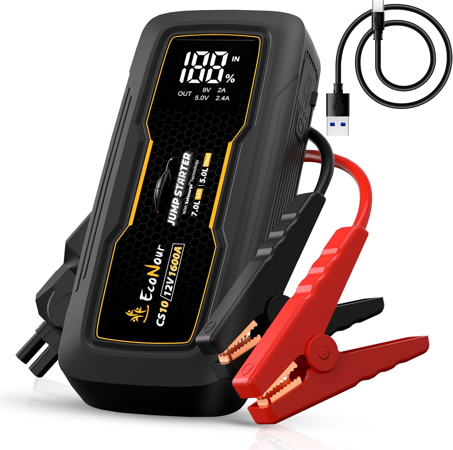 EcoNour - Arrancador de batería portátil de 1600 A, pico de hasta 7...