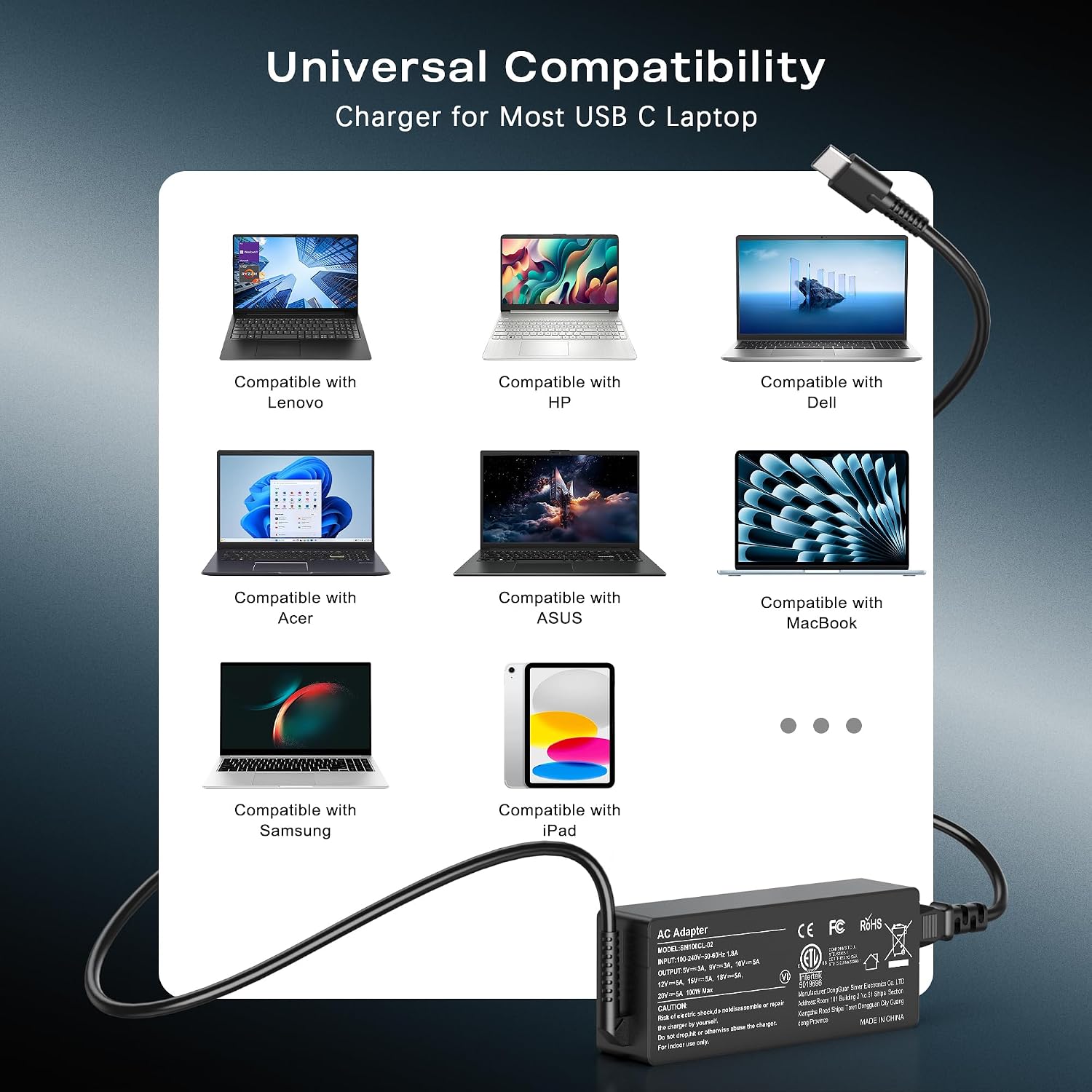 WZXHU Cargador USB C de 100 W para laptop compatible con Lenovo Thi...