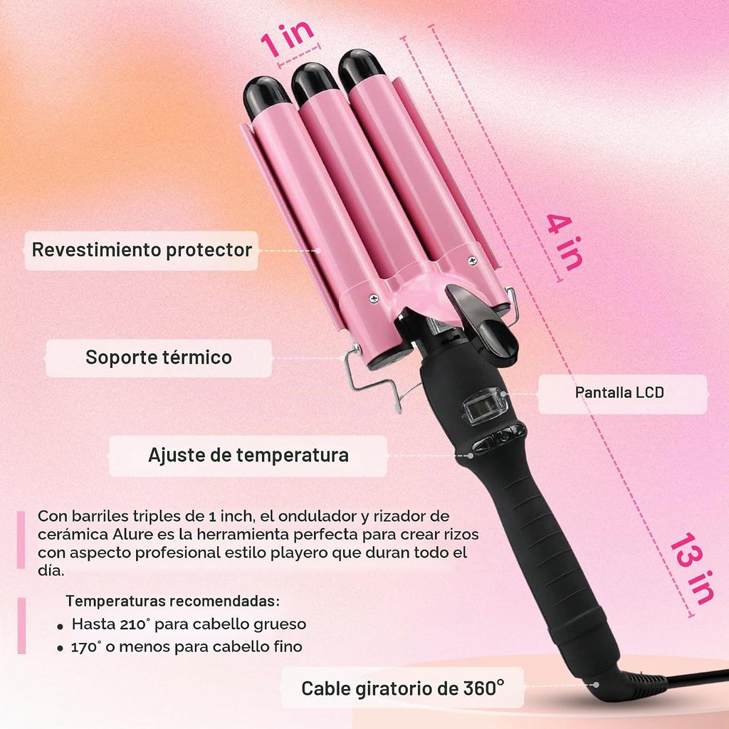 Plancha rizadora de tres barriles de Alure con exhibición de temper...